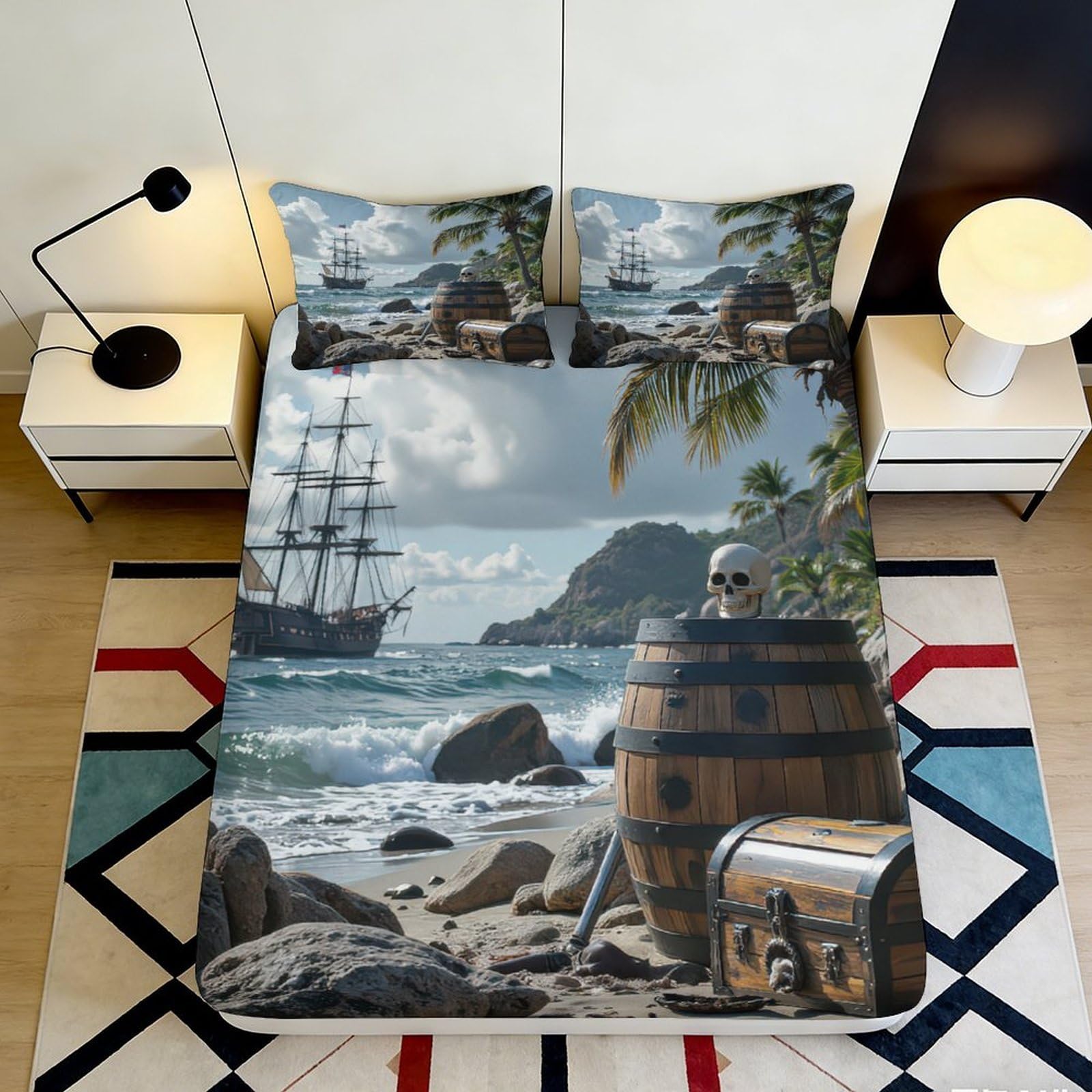 3D Printed Pirate Ship Ocean Fitted Sheet Microfiber Soft Breathable Treasure Island Bed Cover for Bedroom Dorm Decor Mattress Protection 90x200x25cm