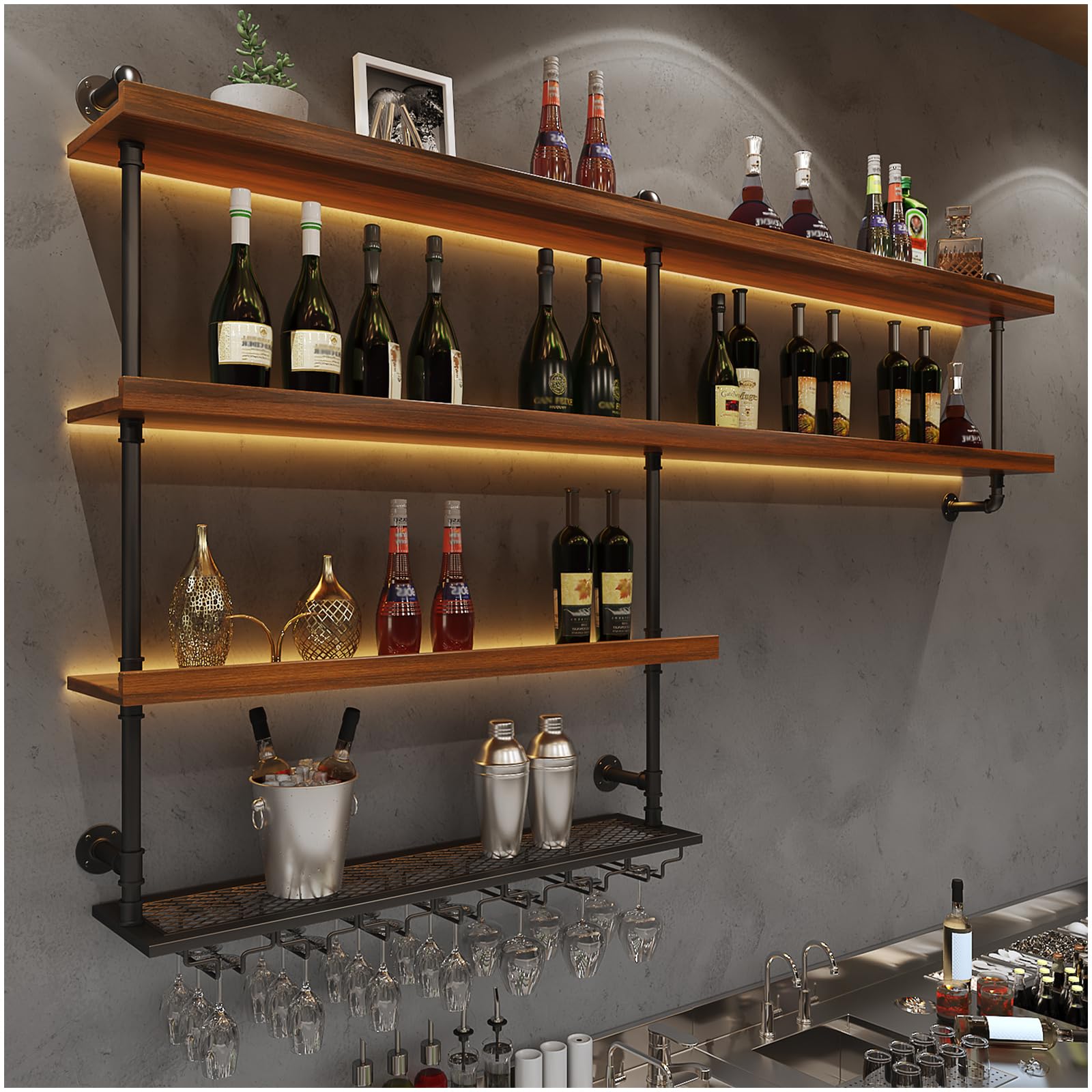 Wall Bar Shelves Industrial Pipe Shelving With 4 Stem Glass Holder, 4-Tiers Rustic Floating Wine Rack Wall Mounted Bar Liquor Shelf, 42 In Hanging Wood Shelves Glass Rack, Living Room Kitchen Decor - View #6