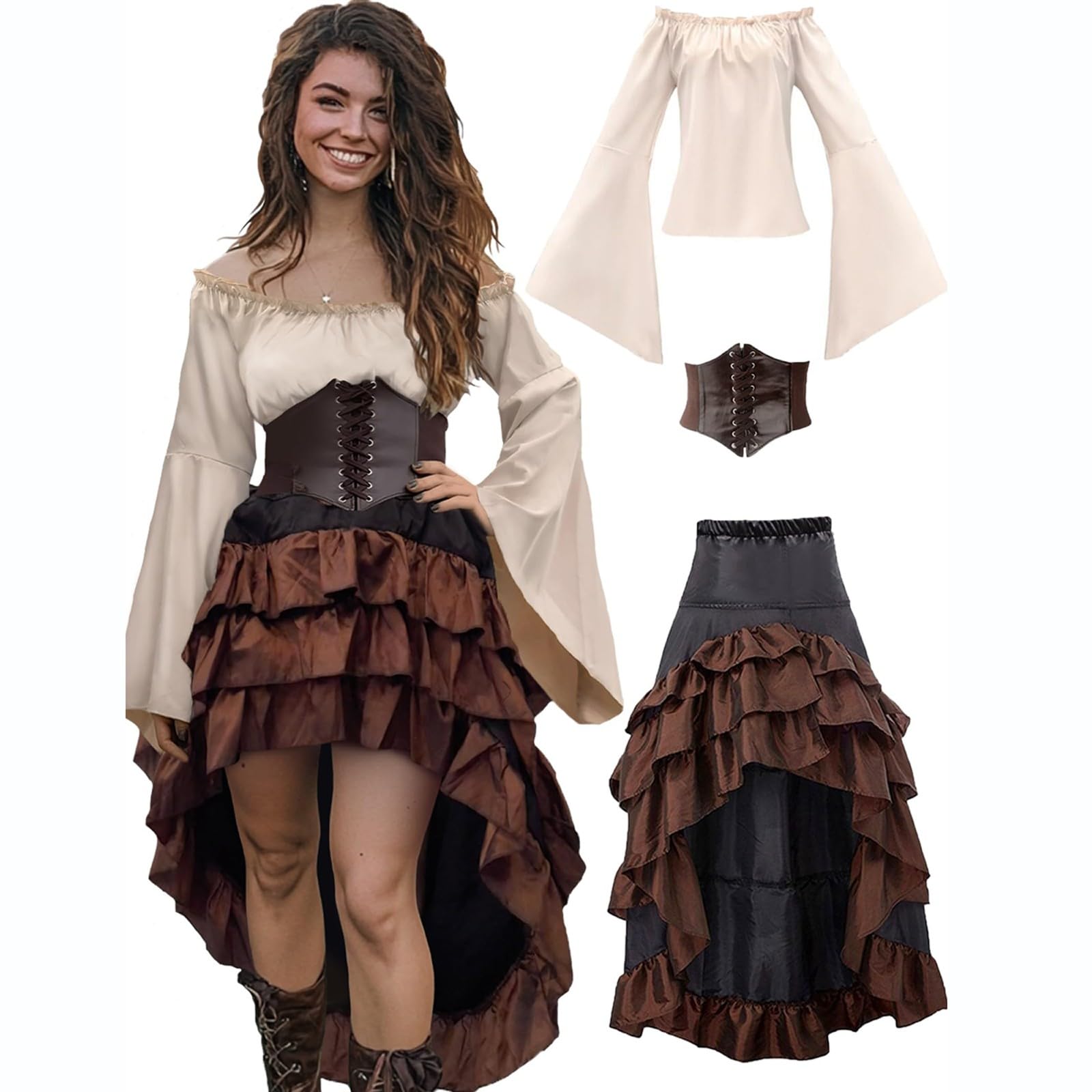 aokavise womens pirate costume adult,3 Pcs Pirate Costume Women 2026 Adults Halloween Costumes for Womens Fashion Fancy Dress Plus Size Caribbean Medieval Dress Outfits Clothing for Cosplay Party