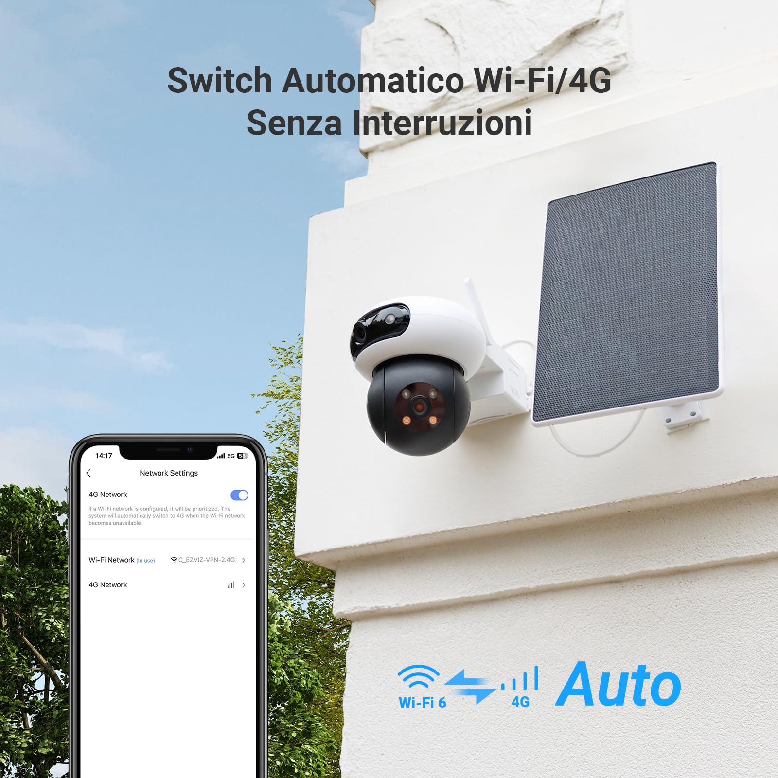 EZVIZ 4G LTE Telecamera Esterno con Doppia Lente Motorizzata, 4MP+4MP Batteria 10400mAh con Pannello Solare, AOV, Visione Notturna a Colori, Rilevamento Persone/Veicoli, Audio Bidirezionale, CB90x Kit