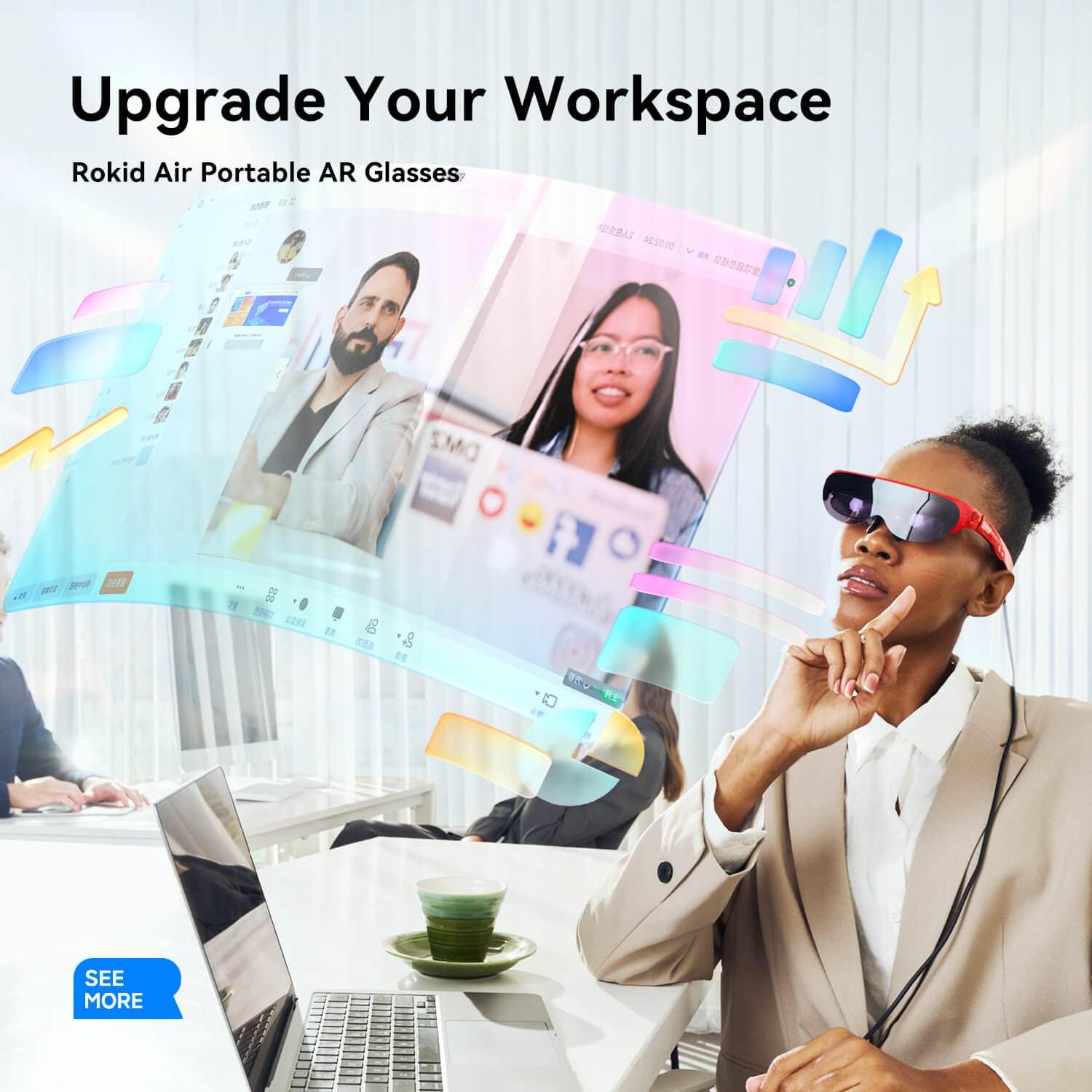 People using Rokid Air glasses in an office setting for an upgraded workspace with virtual screens.