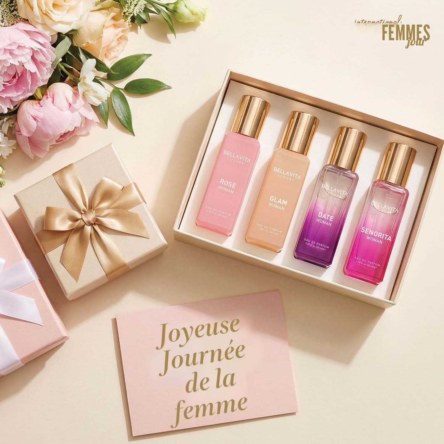 Bellavita Coffret cadeau de luxe pour femme avec date, senorita, glamour et rose | Coffret cadeau (4 x 20 ml) | Parfum pour femme | Choix de cadeau pour anniversaire et anniversaire de mariage