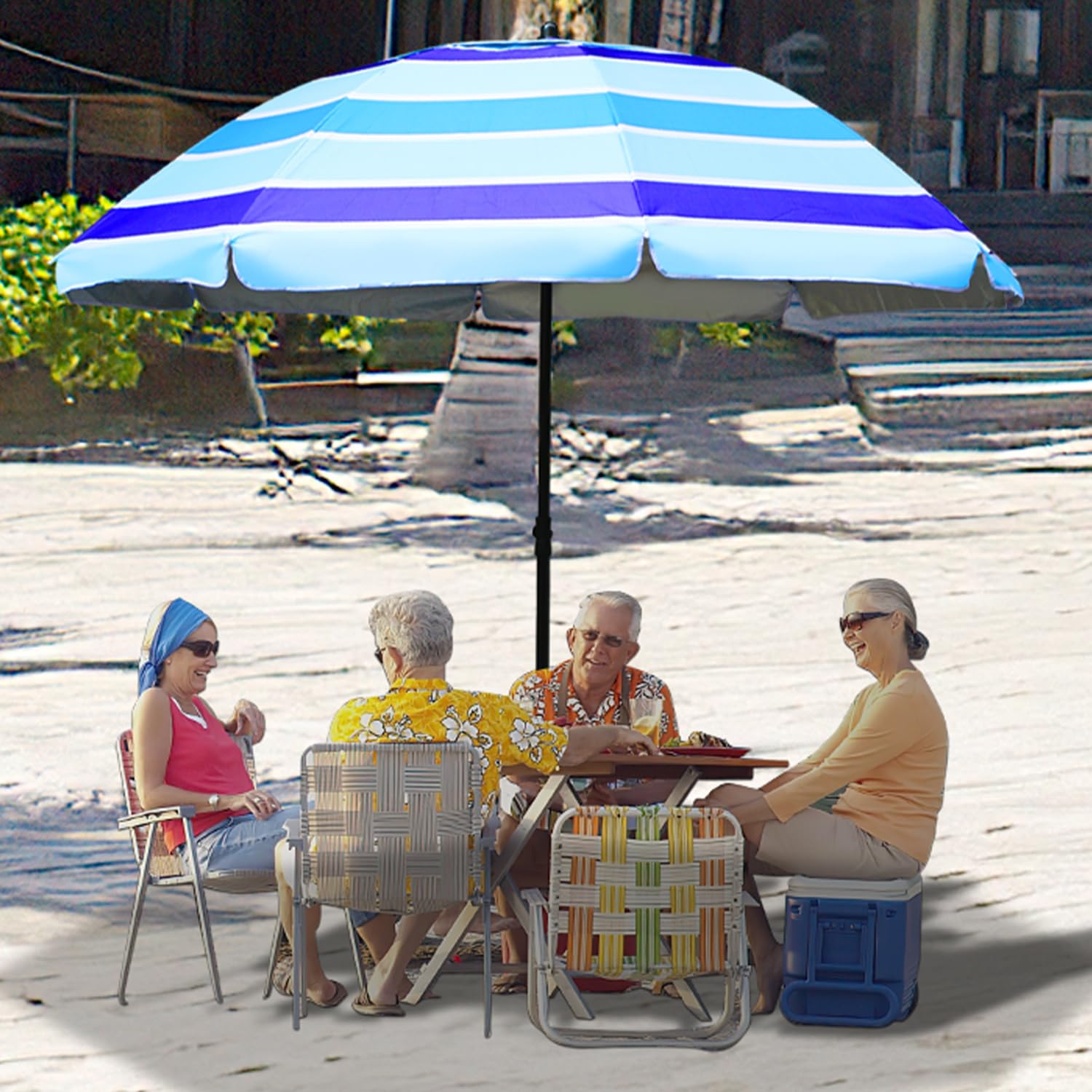 Ombrellone da spiaggia, Ø 213 cm, UV50 +, coefficiente di protezione solare, con tavolo e gancio e borsa per il trasporto, angolo di inclinazione e altezza regolabili, antivento, durevole, non