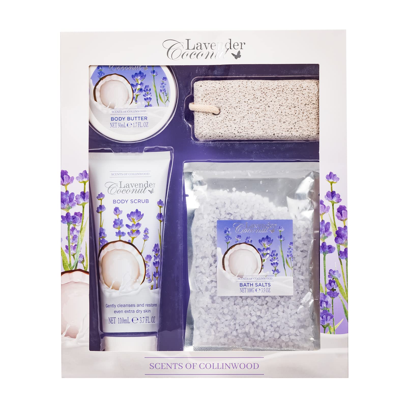 4 Piece Women’s Wonderful Lavender Coconut Scent Bath Box Set - Includes Body Scrub, Body Butter, Bath Salts and a Pumice Stone, Purple