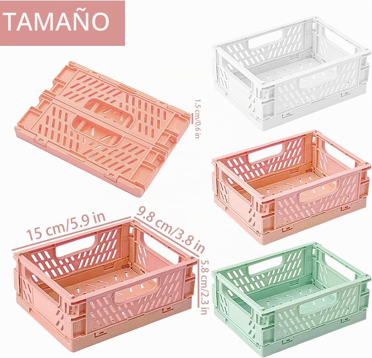 Cestas de Almacenaje Plegables Apilables con Asas Ocultas (3 Uds), Cajas Organizadoras de Plástico PP 15×9,8×5,8 cm para Cocina, Baño y Cajones Uryxery