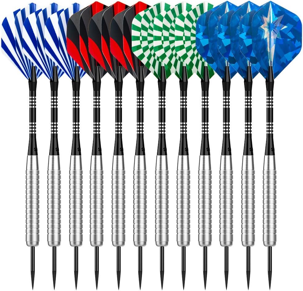Sametop 12 Packs Steel Tip Darts Set 22 Grams with Different Style Flights, Aluminum Shafts, Nickel Silver Barrels and Dart Sharpener