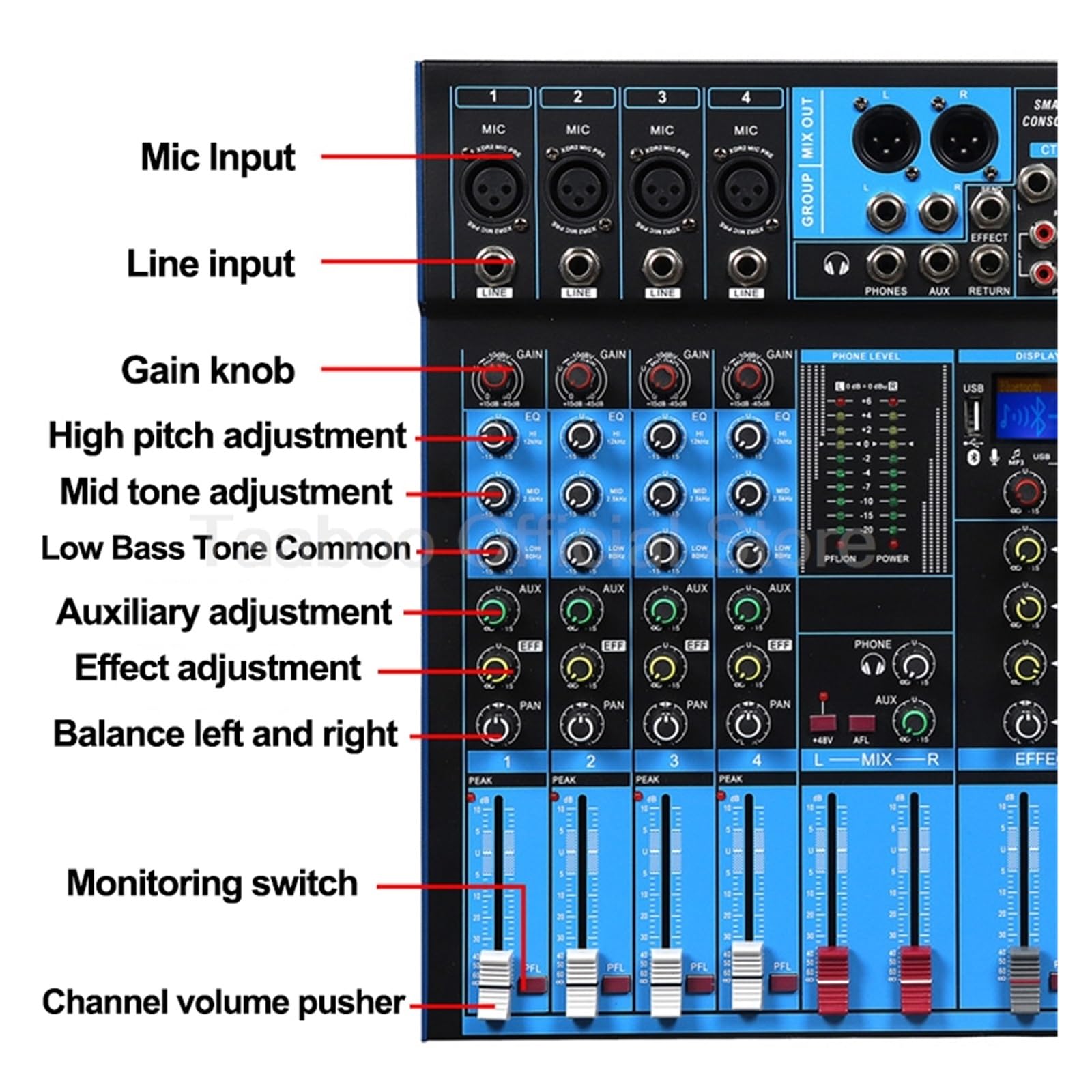 Mezclador de audio para DJ Procesador digital profesional, prerreverberador, efector, consola de mezclas Bluetooth de 8/12 canales, mezclador antigritos con micrófono(12 Channels)