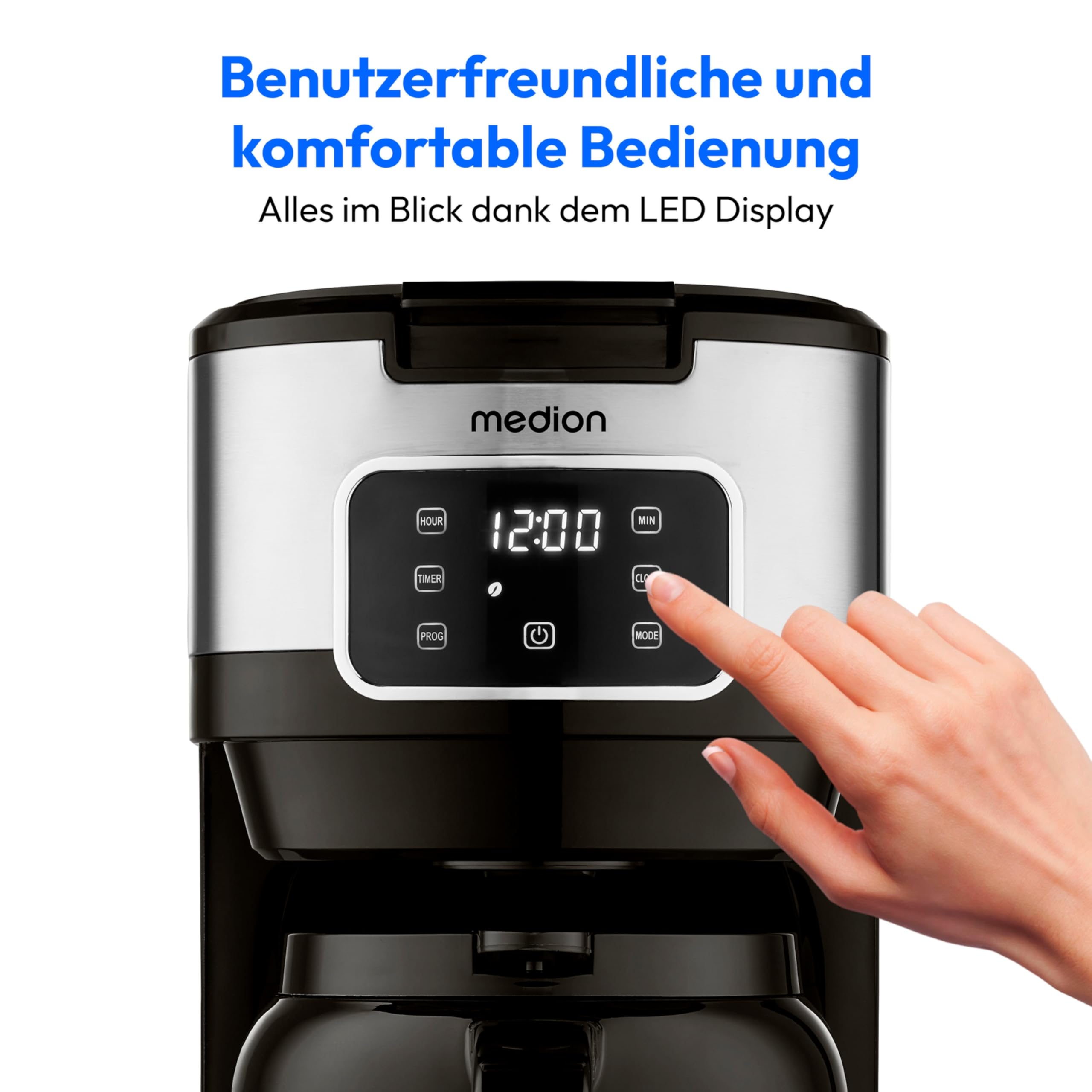 MEDION Kaffeemaschine mit Thermoskanne und Timer (Filtermaschine, 10 Tassen, 1,25 Liter, 900 Watt, Timer Zeitschaltuhr, Antitropf, Display, MD11019) edelstahl
