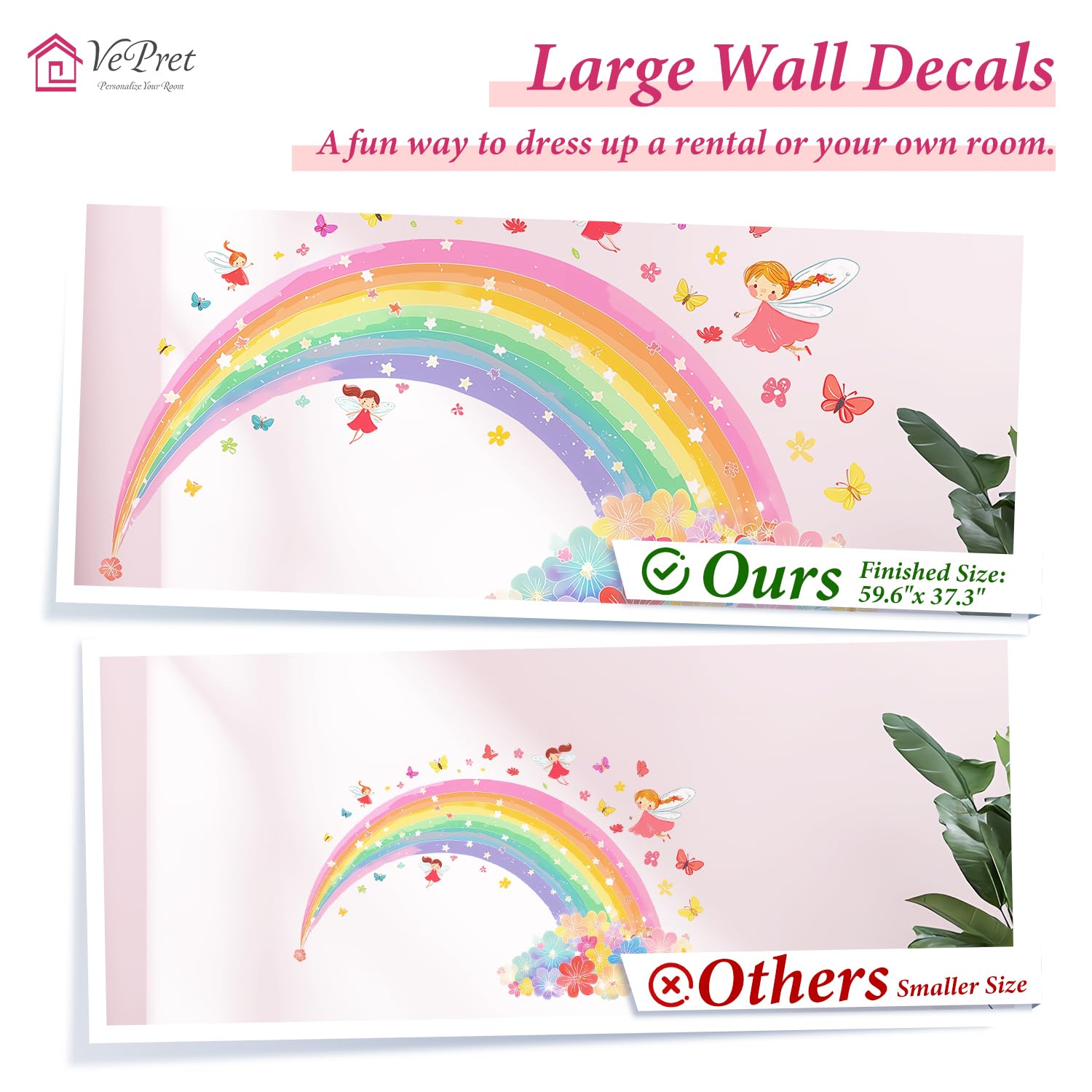 VePret Pink Rainbow Flowers Wall Decals Peel and Stick, Large Fairies Butterflies Wall Stickers & Murals - Image 4