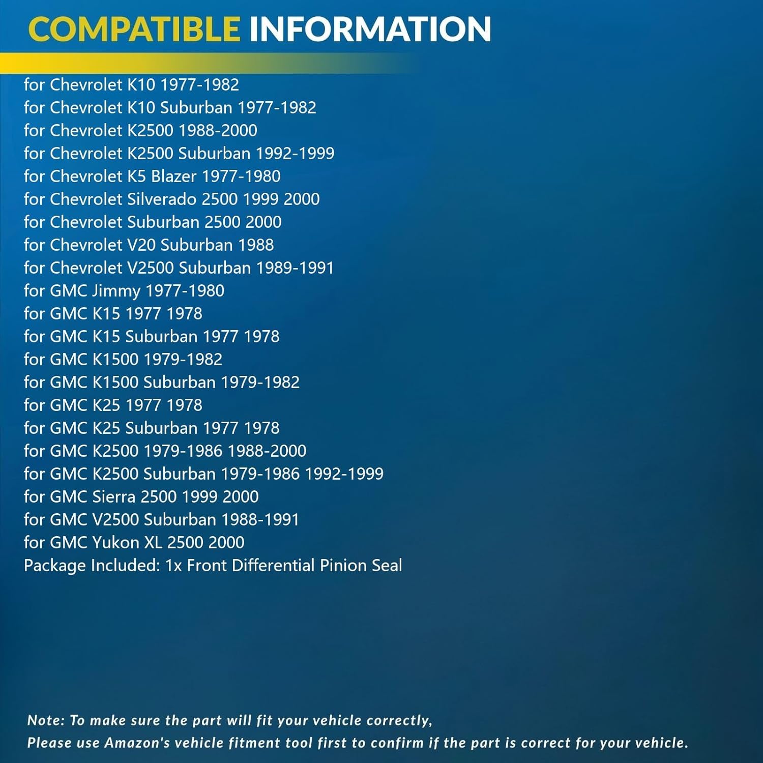 Front Differential Pinion Seal Replacement for GMC Yukon XL 2500 6.0L 4WD 2000, for K25 Suburban 7.4L 4WD 1977, for Jimmy 4.1L 5.0L 5.7L 4WD 1977-1980, for Jimmy 6.6L 4WD 1977-1979