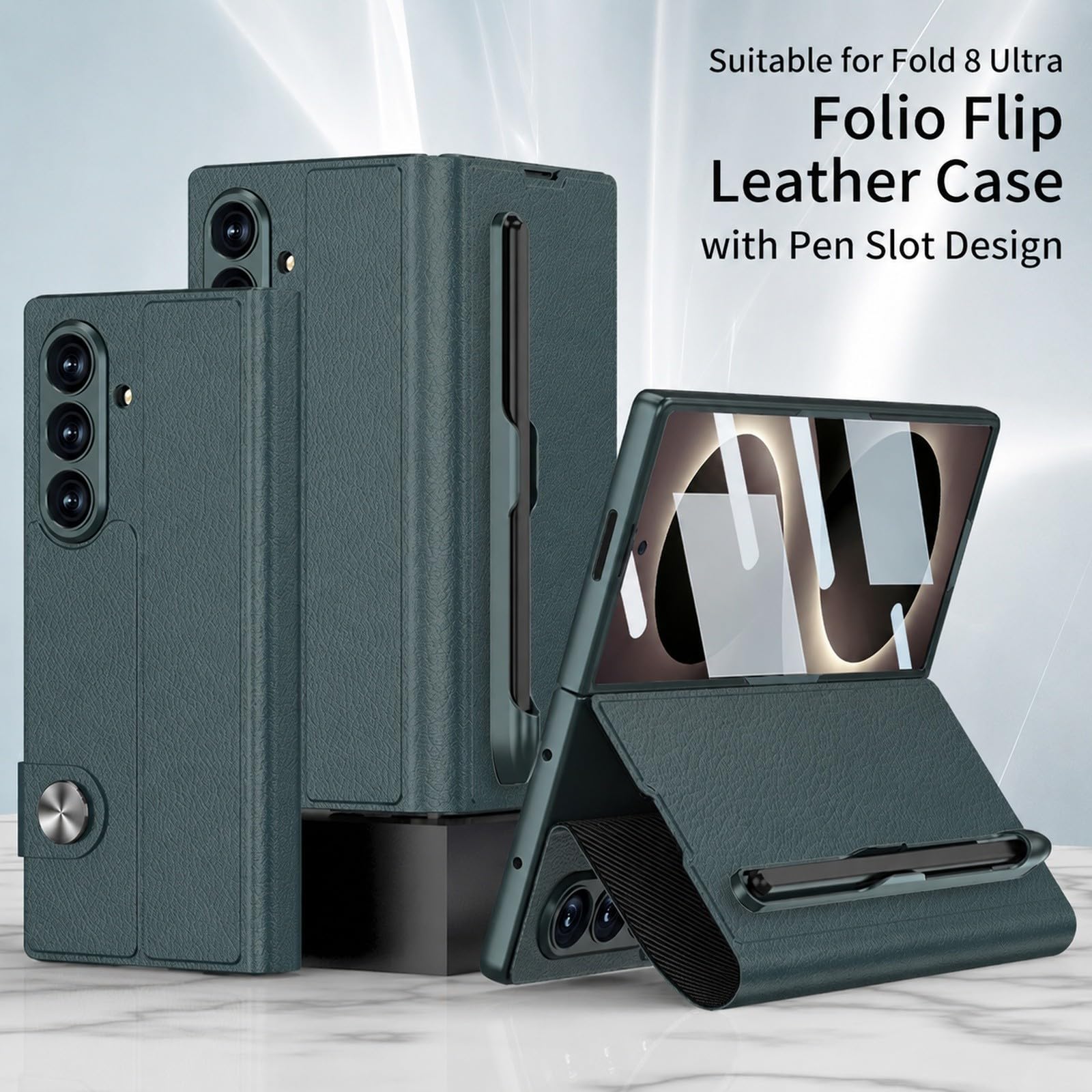 Generic etui kompatybilne z Samsung Galaxy Z Fold 8 Ultra (kolor: zielony) odporny na wstrząsy skórzany uchwyt na długopis twarde etui z klapką z przednią folią szklaną