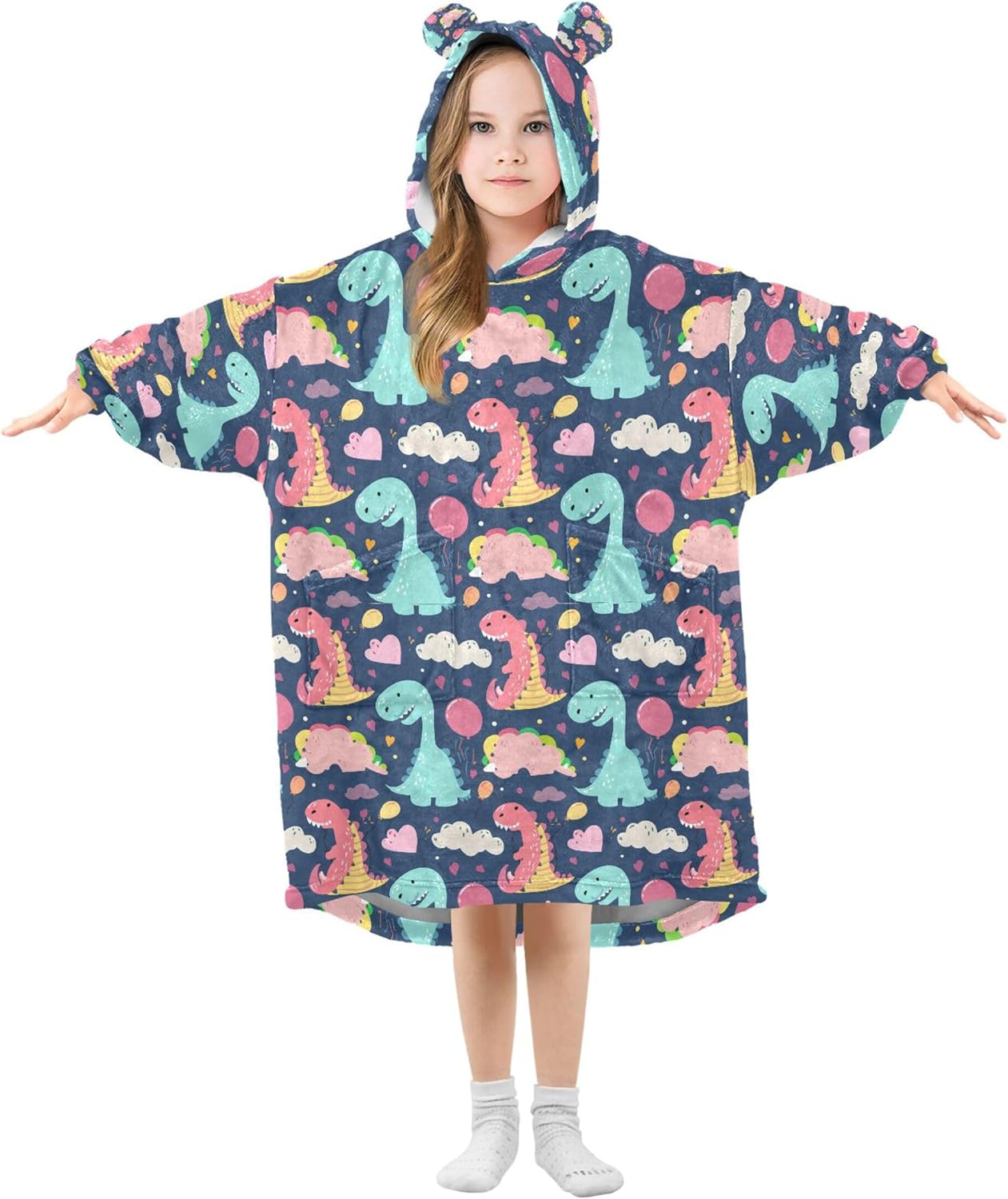 Dinosaur Dino Kids Wearable Blanket Hoodie with Pocket and Sleeves for Toddlers, Cute Hoodies 3-14 Year Girls Boys