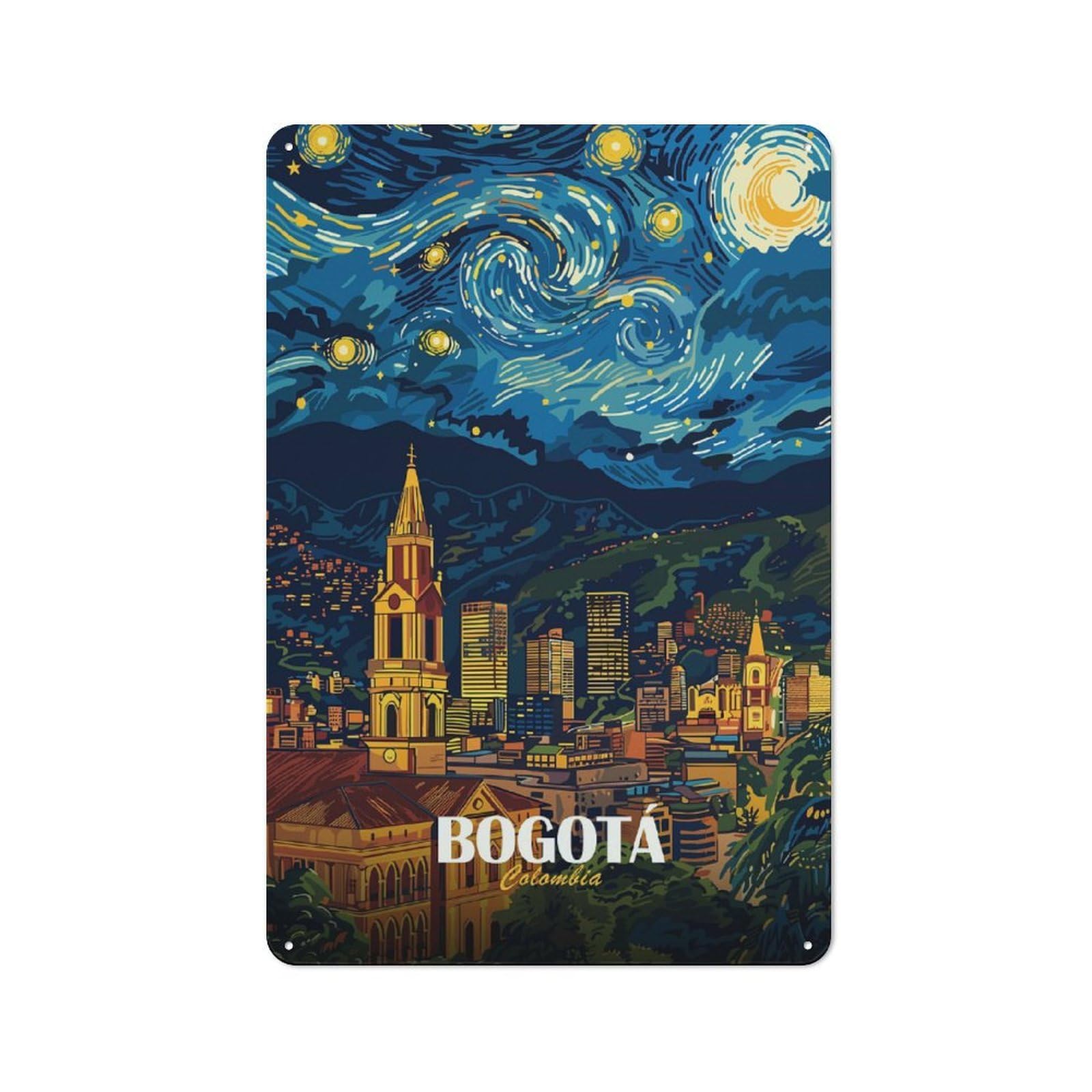 Junmoney Style-10 Urban Bogota Colombia Starry Night Art Decorative Metal Plaque 30X20cm, Urban Room Decor For Flat, Bar, Studio Or Gallery Wall