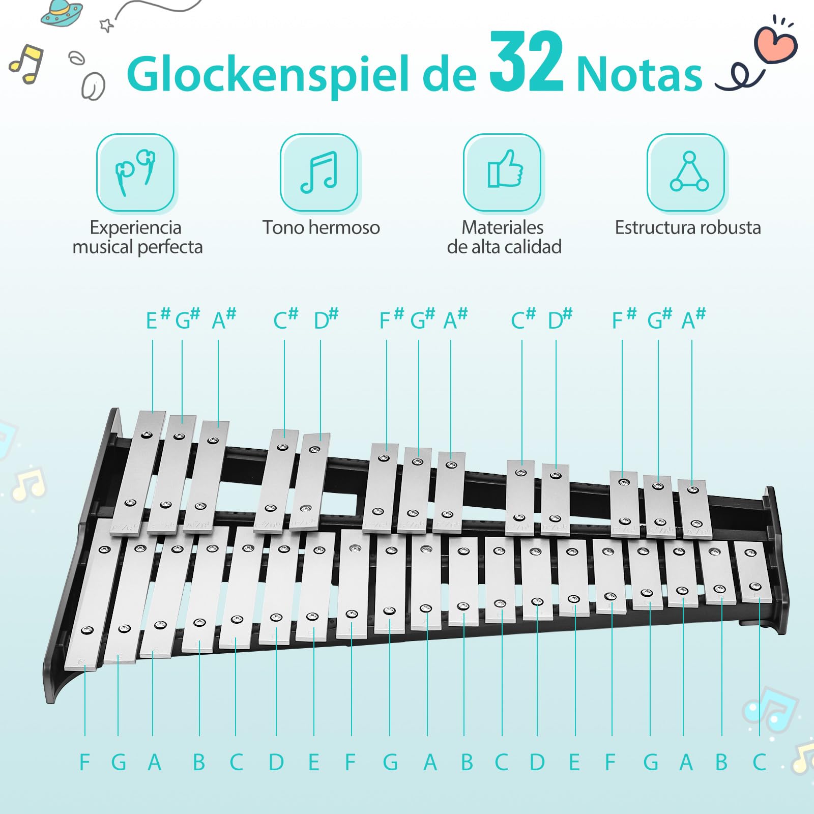 COSTWAY Xilófono de 32 Notas, Instrumento de Percusión Plegable con Soporte Ajustable, Atril, Panel de Práctica, Mazos de Campana, Baquetas de Madera, Juego de Xilófono con Bolsa de Transporte