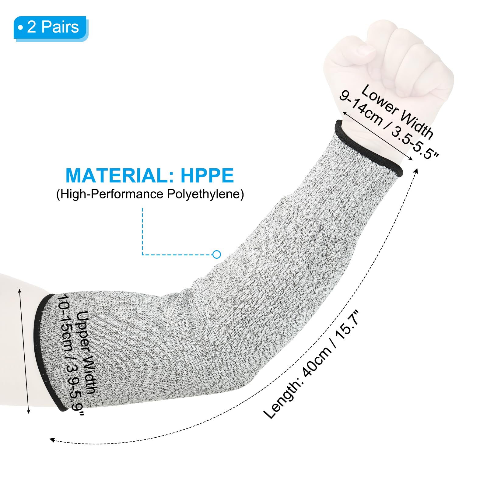 PATIKIL 16 Inch Cut Resistant Sleeve, 2 Pairs Arm Safety Protectors Sleeves Forearm Sleeve HPPE Level 5 Protection for Thin Skin and Bruising, L, Gray - Image 2