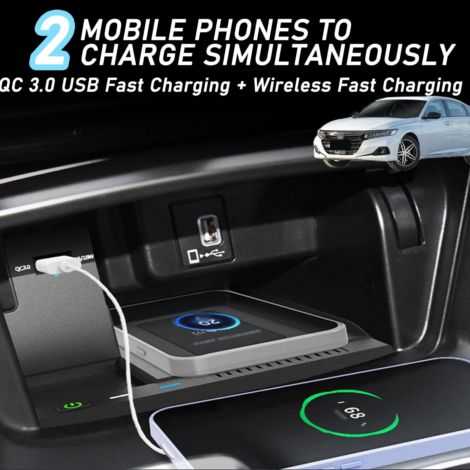CenNa Caricabatterie per Auto Wireless per Hon-da Accord di Decima Generazione (2018-2022) Accessorio per Tutti I Modelli con Ricarica Rapida Wireless E USB Qc3.0 da 15 W, Regalo per La Famiglia