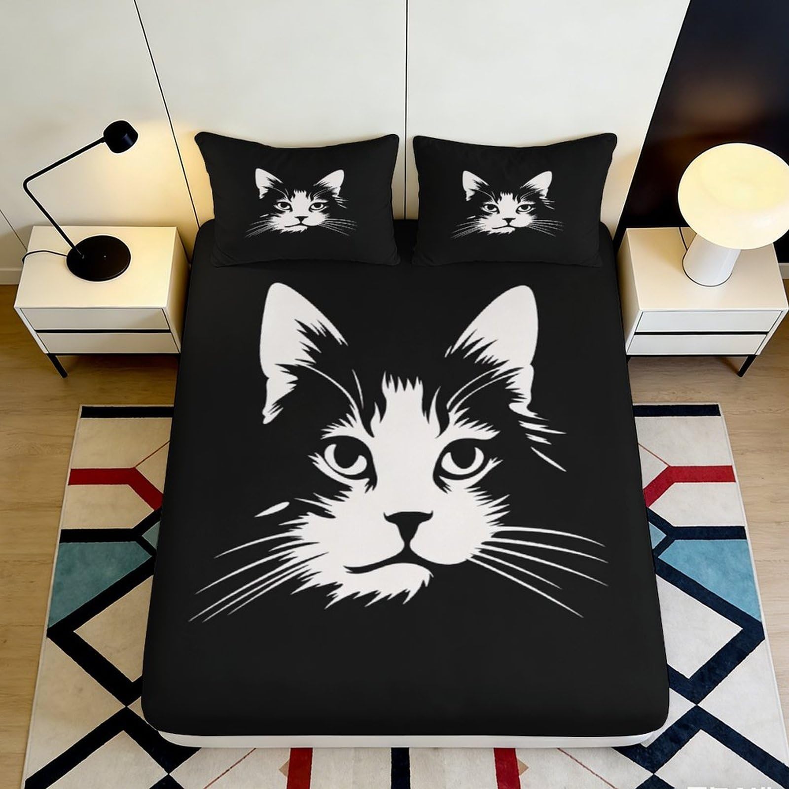 3D Printed Cat Face Fitted Sheet Microfiber Soft Breathable Black Bed Cover with 3D Printed Cat Design Mattress Cover for Bedroom Dormitory Guest Room Protection 180x200x25cm