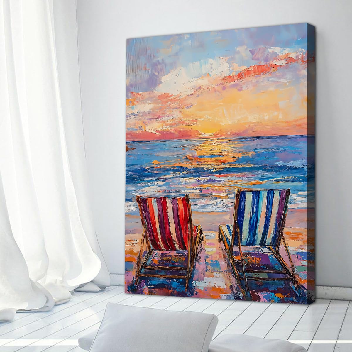 CHERHERART Images murales romantiques de plage Paysages naturels modernes Toile d’art pour salon Salle à manger Impressions tranquilles sur toiles côtières 80x135cm sans cadre
