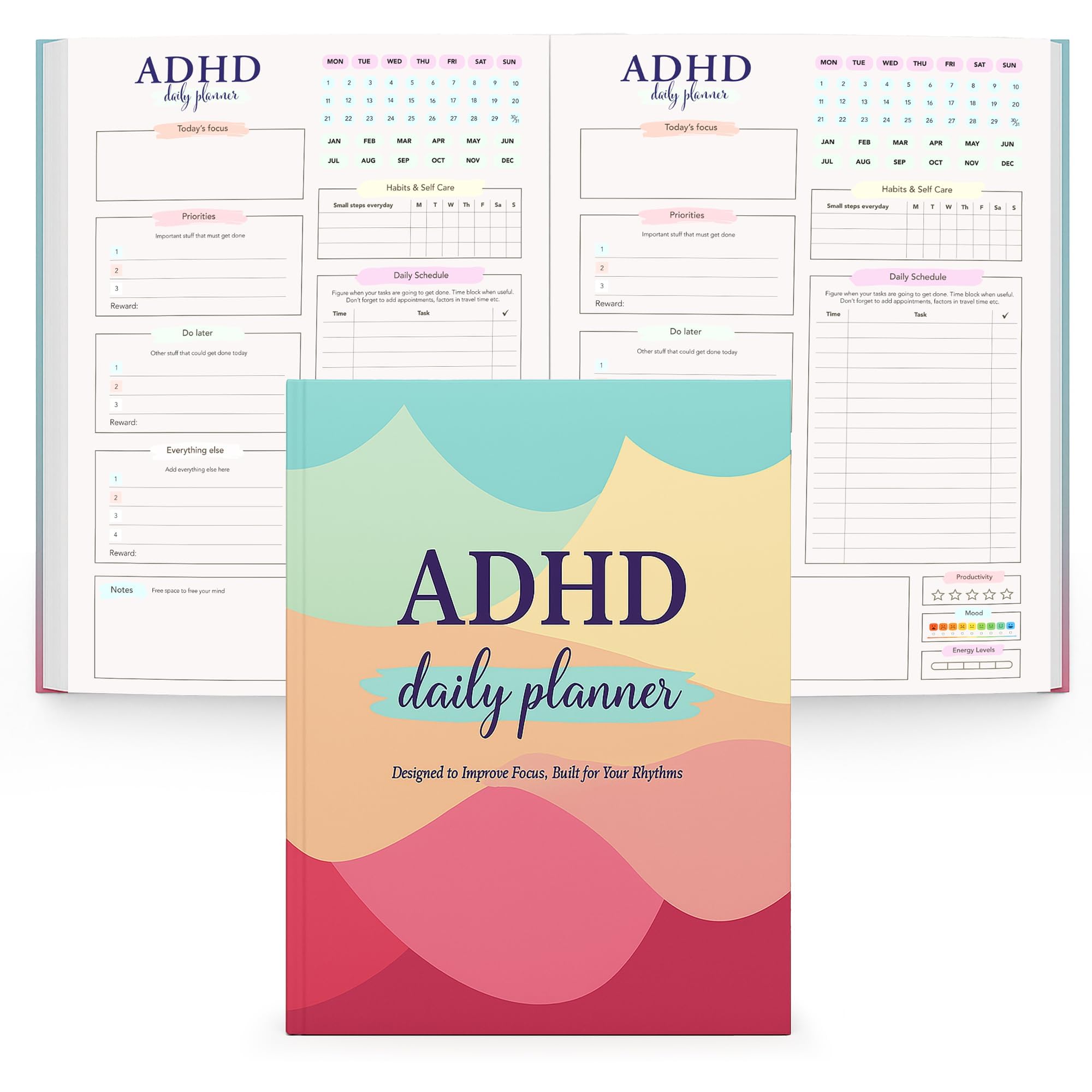 SOL ADHD Planner for Adults, A4 with 30 Pages Productivity Planner Notebook to Improve Focus, Manage Time & Task, Goal Setting, Routine Builder & Motivational Journal for Adults, Habit Tracker
