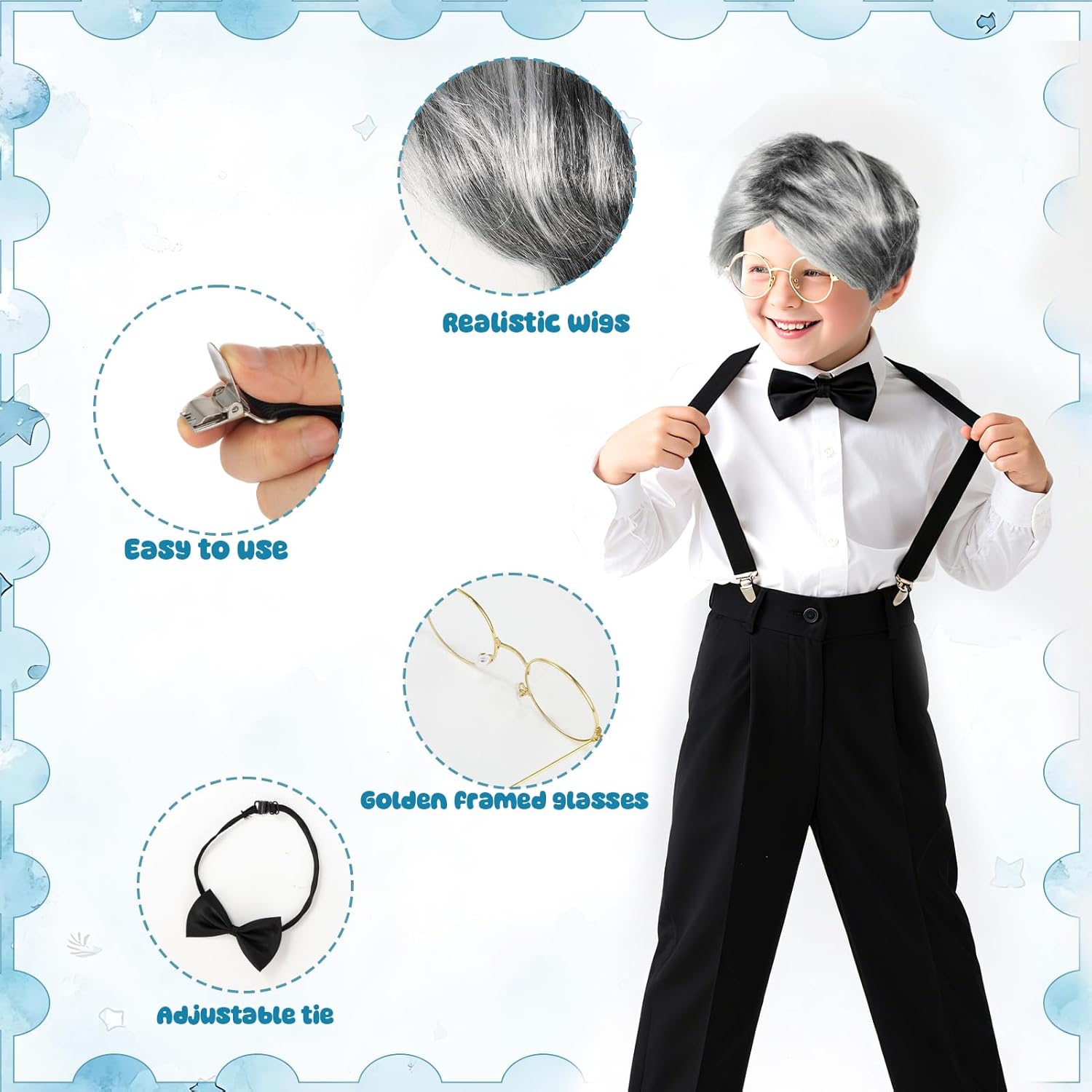 Grandpa Costume for Kids 100 Days of School Costume Funny Aging Cosplay Outfit Accessories Set-Include Glasses, Wig, Cane, Bow Tie, Suspenders, Eyebrows & Mustache Pocket watch Halloween Old Men - Image 3