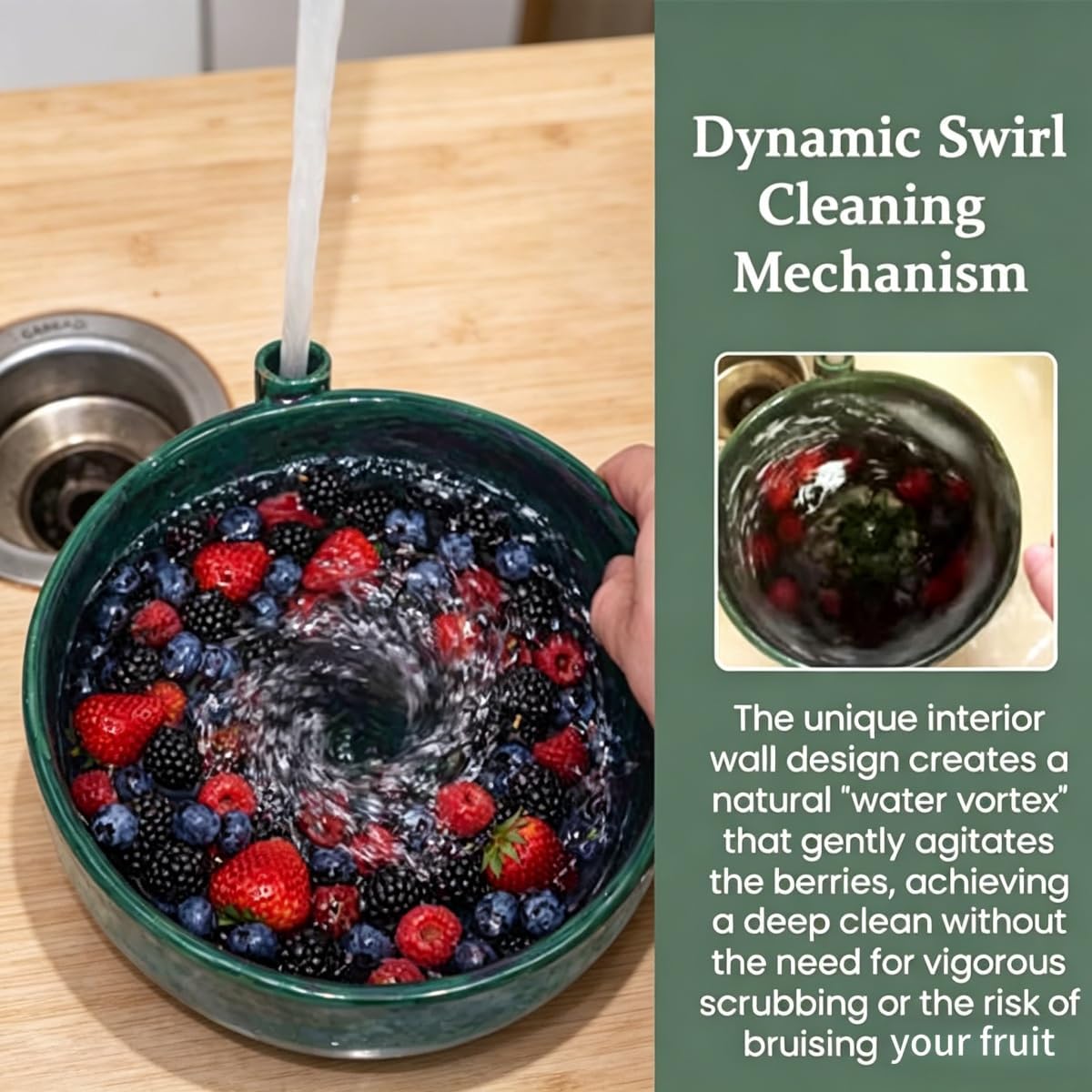 2026 Self Spinning Berry Washing Bowl Ceramic with Drain Holes, 360 Degree Cleaning Fruit Swirl Colander Center Cone, Automatic Quick Kitchen Rinse washer for Berries Vegetables Serving