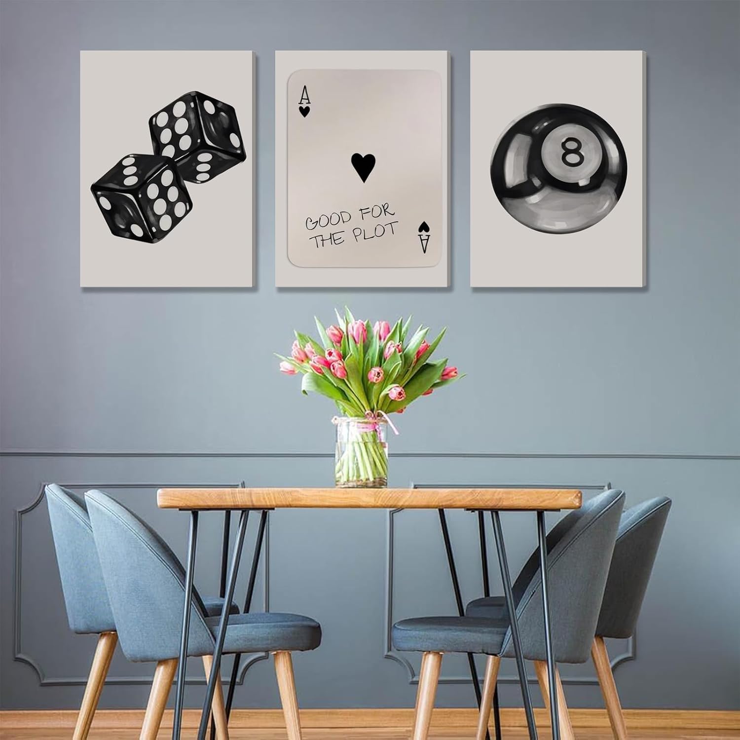 3Pcs Black and White Poker Dice Canvas Wall Art Funky Retro Y2K Trendy Preppy Pictures Lucky 8 Ball Poster Prints Artwork Painting for Game Room Apartment Dorm Aesthetic Decor 12x16in