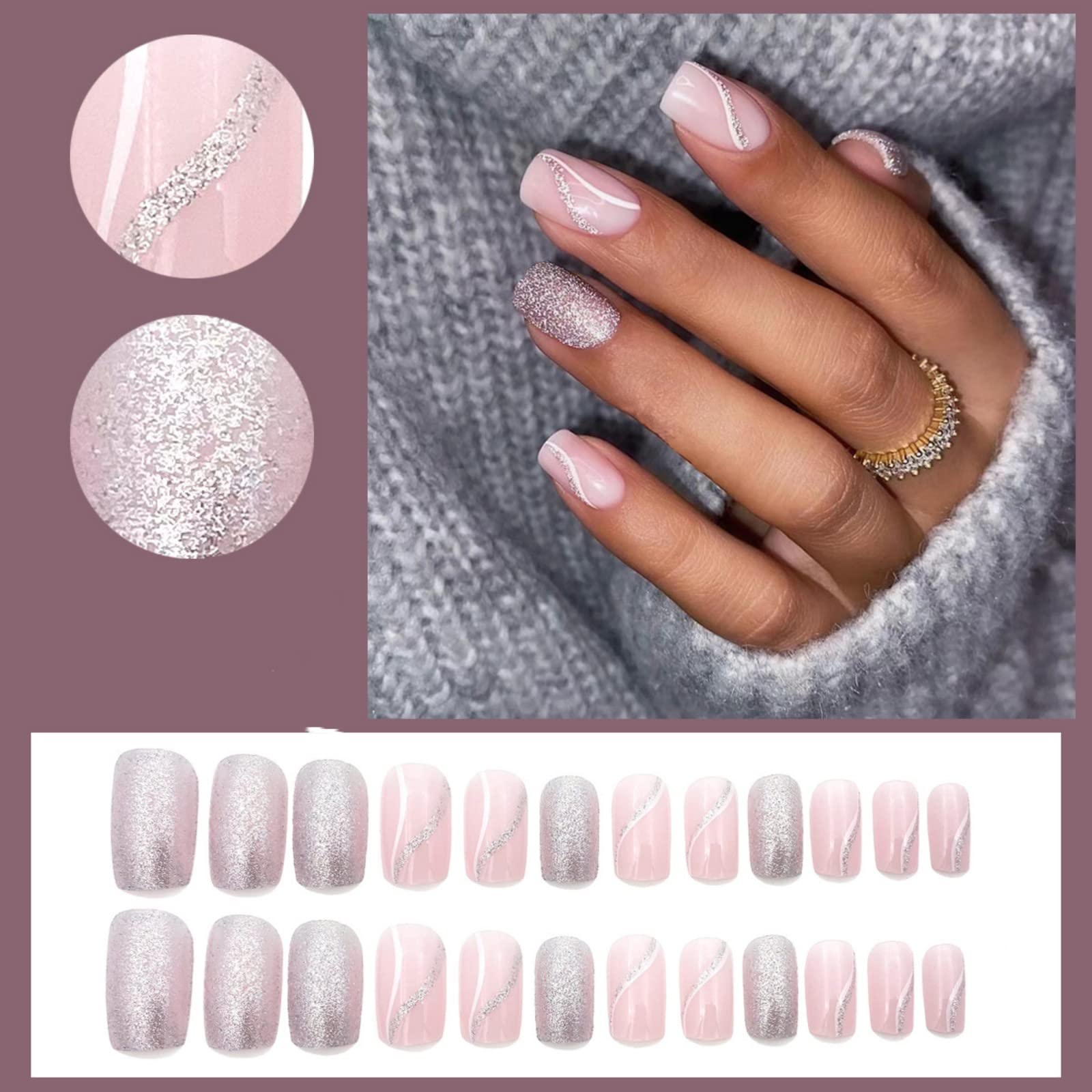 JUSTOTRY 24 Pcs Rose Swirl False Nails Short Pattern,Pink Square Press on Nails,Glossy Fake Nails Medium for Nail Art,Glitter Squoval French Stick on Nail for Women and Teens Gifts - Image 4