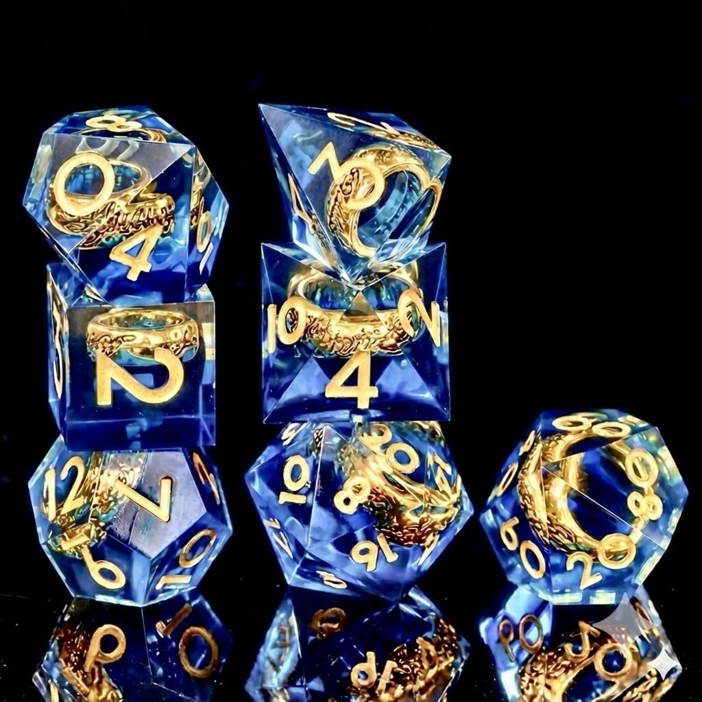 Ring DND Dice Set Sharp Edge Resin Dice,Golden Ring Inclusion Suitable for Lord of the Ring D&D Dice RPG Role Playing Games Suitable for Dungeons and Dragons Polyhedral Dice Set（Blue）