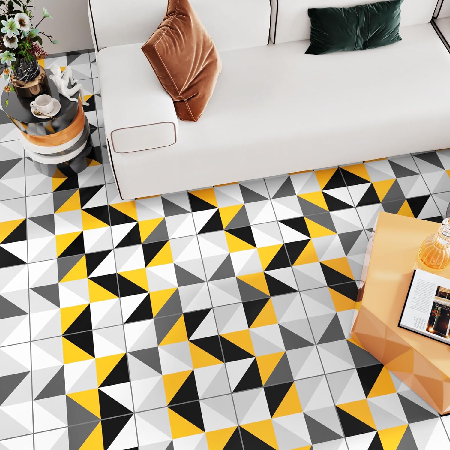 Modern Peel and Stick Floor Tile Waterproof Vinyl Flooring Stick on Floor Tiles for Kitchen Renter Friendly Stickers Geometric Black White Grey Yellow Vinyl Flooring 12 PCS 12x12 Inch