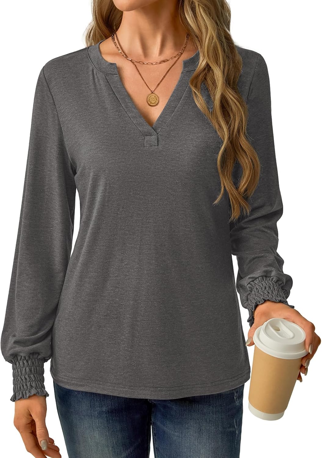Womens Long Sleeve Shirts Fall Tops V Neck Business Dressy Casual Blouses with Smocked Cuffs - Image 3