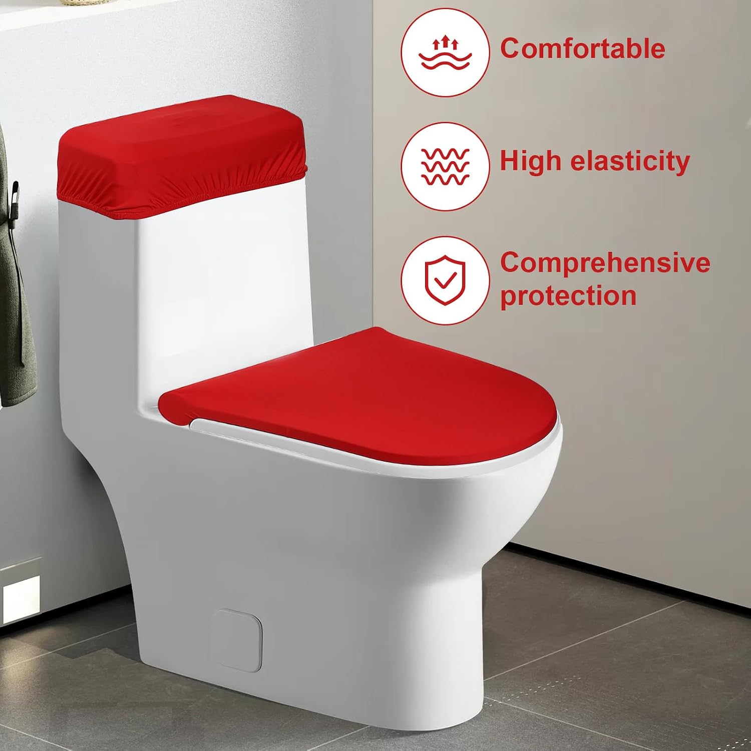 Toilet Lid Cover and Toilet Tank Cover,Elastic Edges, Soft Bathroom Covers for Standard Oblong Round Elongated Bath Room Bowl Lids, Washable (Red)