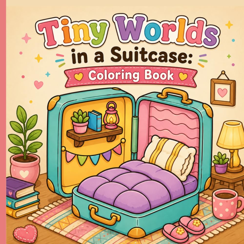 Tiny Worlds in a Suitcase: A Cozy & Whimsical Miniature Diorama Coloring Book for Adults and Teens