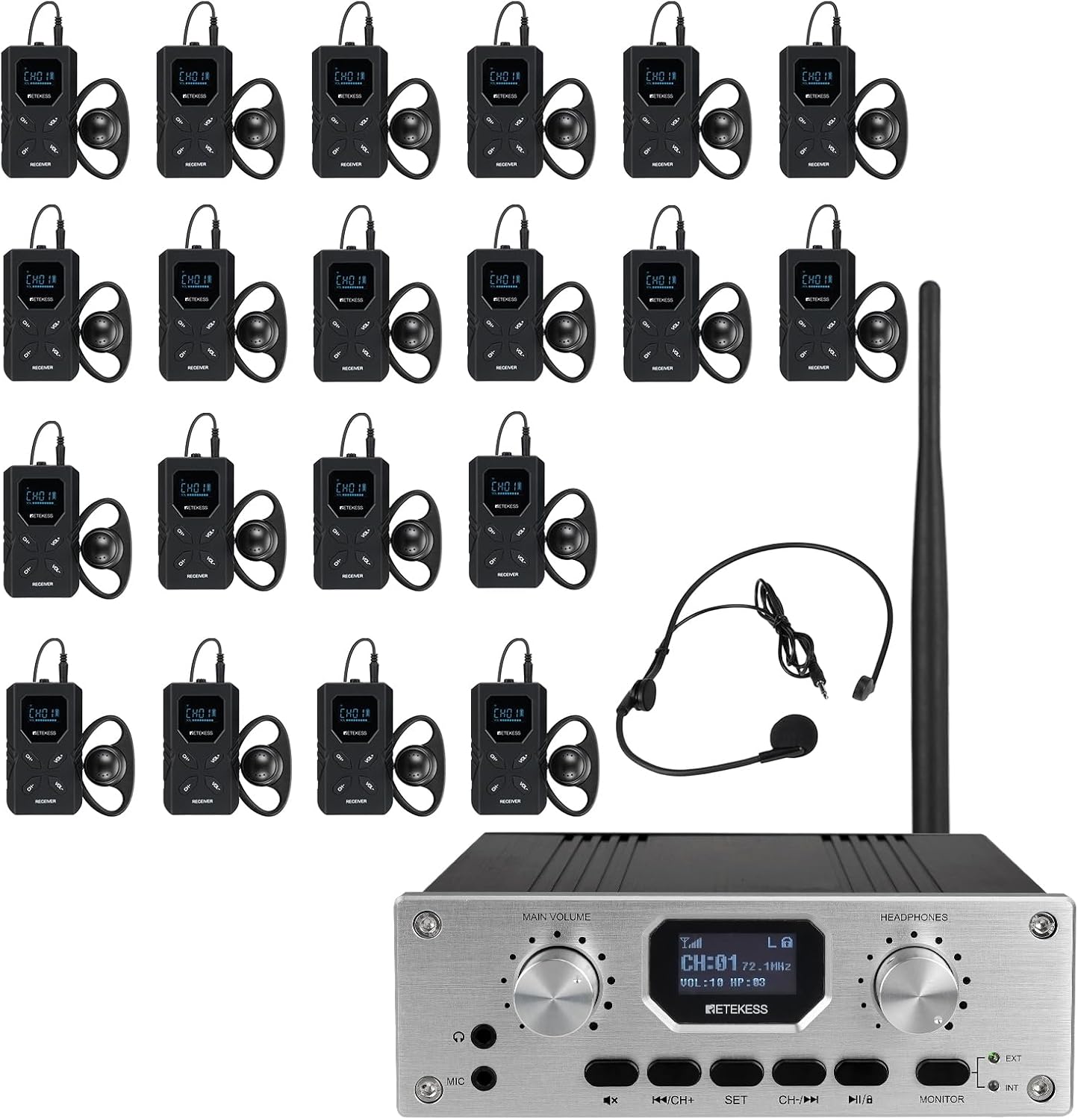 Retekess TT119 Assistive Listening System, Translation System with Interpreter Monitor, Support Stereo Input, 300m/980ft, Interpretation System for Church, Community (1 Transmitters 20 Receivers)