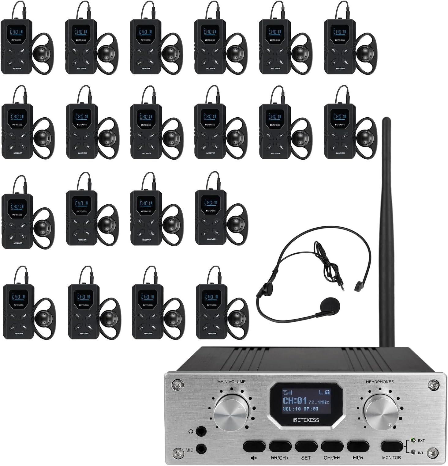 Retekess TT119 Assistive Listening System, Church Translation System with Interpreter Monitor, Stereo Input, 300m/980ft, Simultaneous Interpretation Equipment for School (1 Transmitters 20 Receivers)