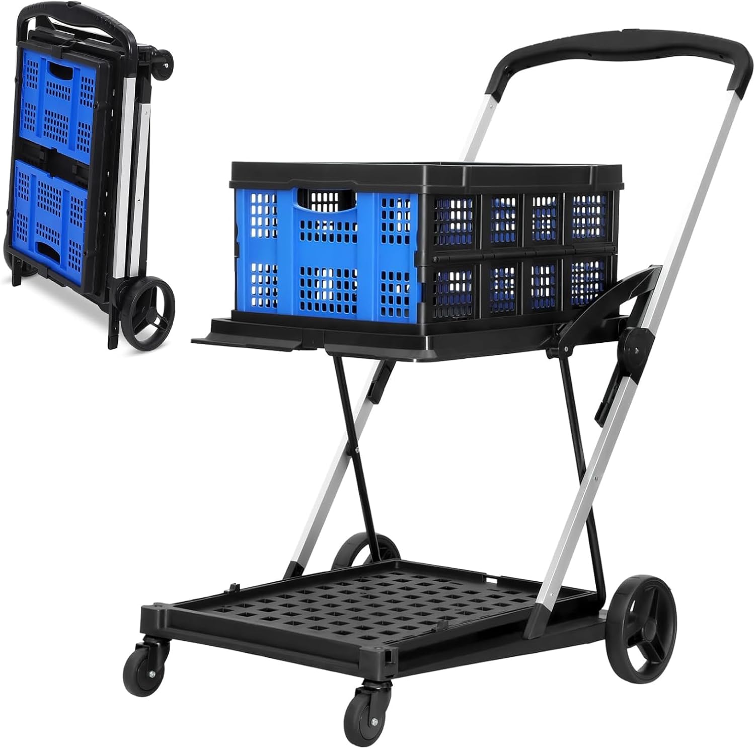 2Tier Folding Shopping Cart with Wheels, Collapsible Service Cart with Storage