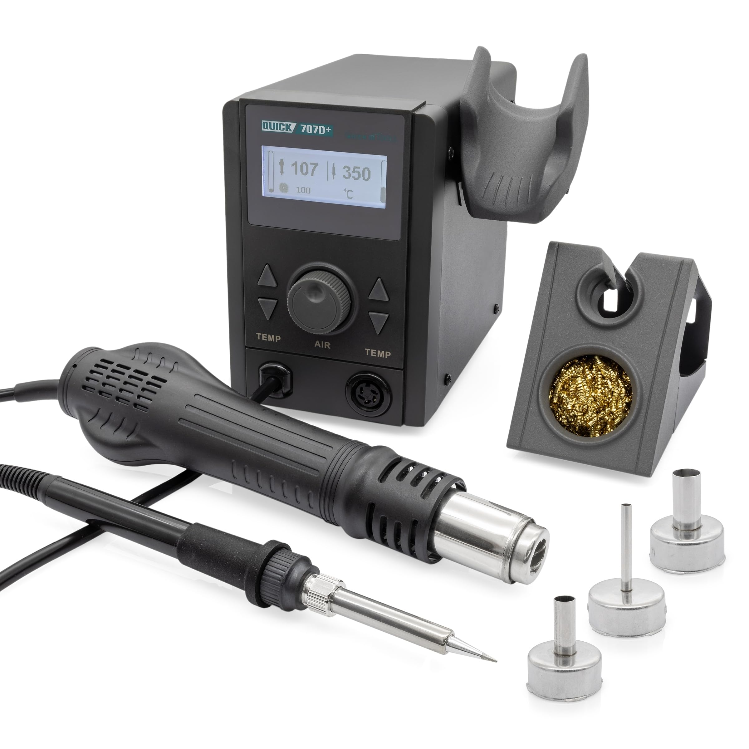 QUICK 707D+ 2in1 Reworkstation Sensor-geregelt und digital einstellbar, 800 Watt Heißluft 100-500°C bis 30L/Min, 70 Watt Lötkolben bis 480°C - SMD Reworkstation - Standby - Auto-Kühlsystem