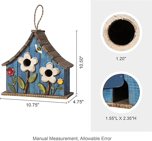 Miniatura 14 de Glitzhome Casas para pájaros para exteriores, casa de pájaros de madera maciza envejecida de gran tamaño de 15 pulgadas de largo con flores 3D