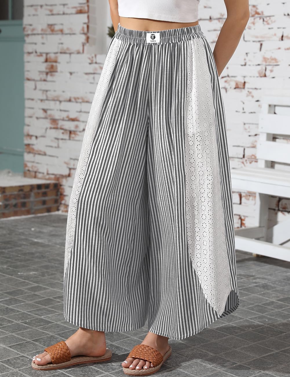 TARSE Womens Wide Leg Striped Boho Palazzo Pants with Lace Panel Summer Loose Elastic Waist Beach Vacation Lounge Pants - Image 4