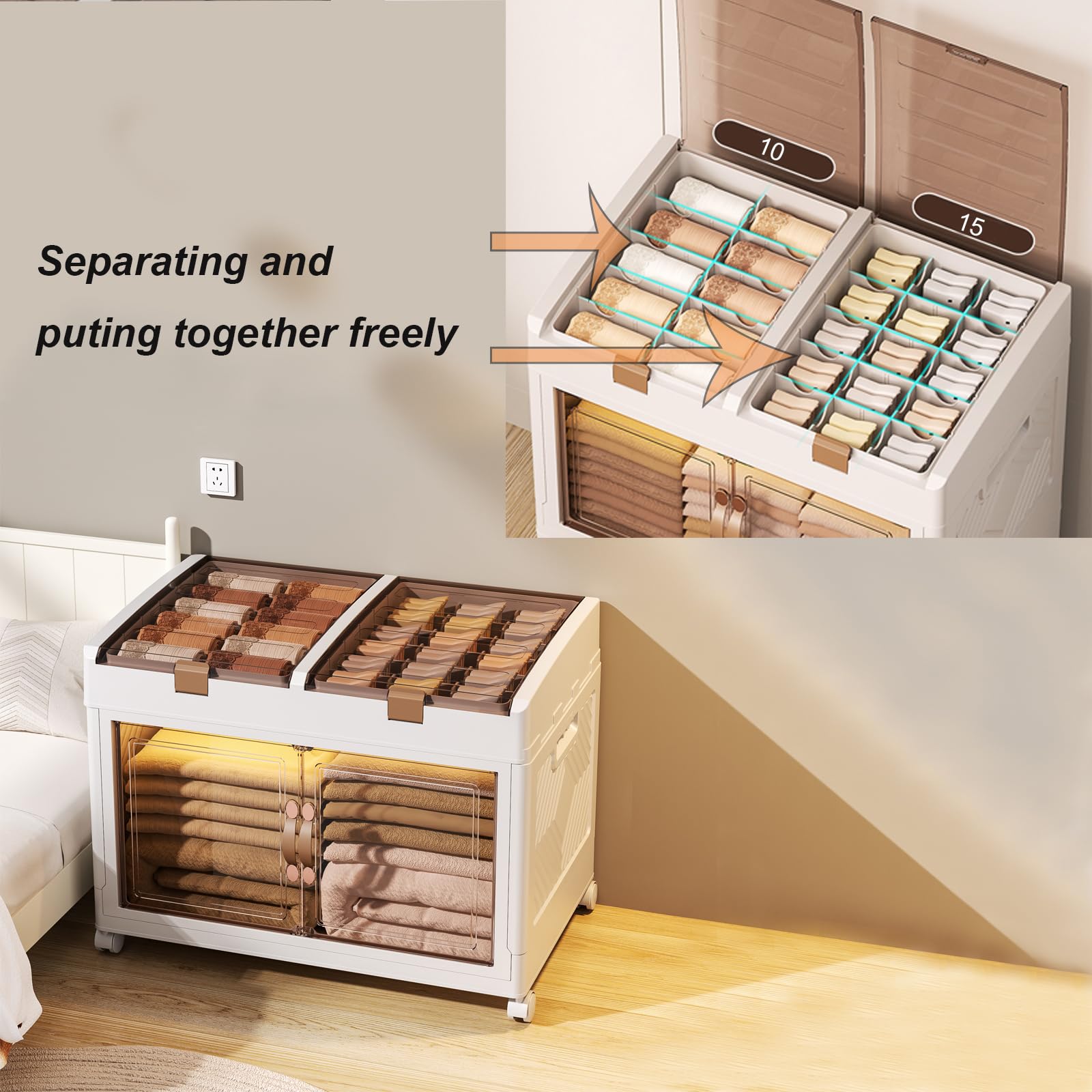 Caja de almacenamiento de plástico con tapa, organizador de armario plegable de 166 L, unidad de almacenamiento apilable con ruedas, cubos de almacenamiento con puerta de apertura para cocina, baño,