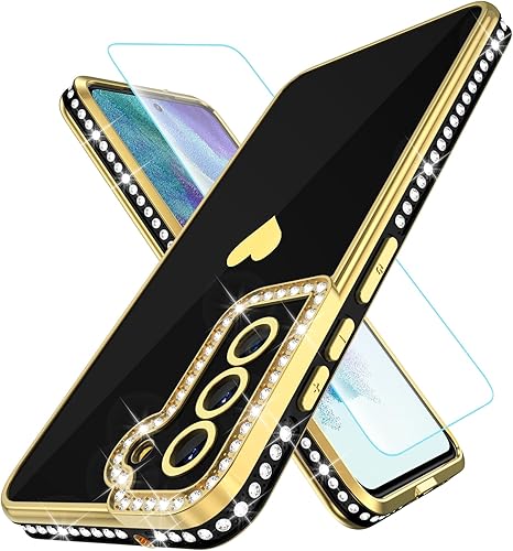 Gritup Funda compatible con Samsung Galaxy S21 FE con protector de pantalla, diseño de corazón de amor, diamantes de imitación brillantes para niñas
