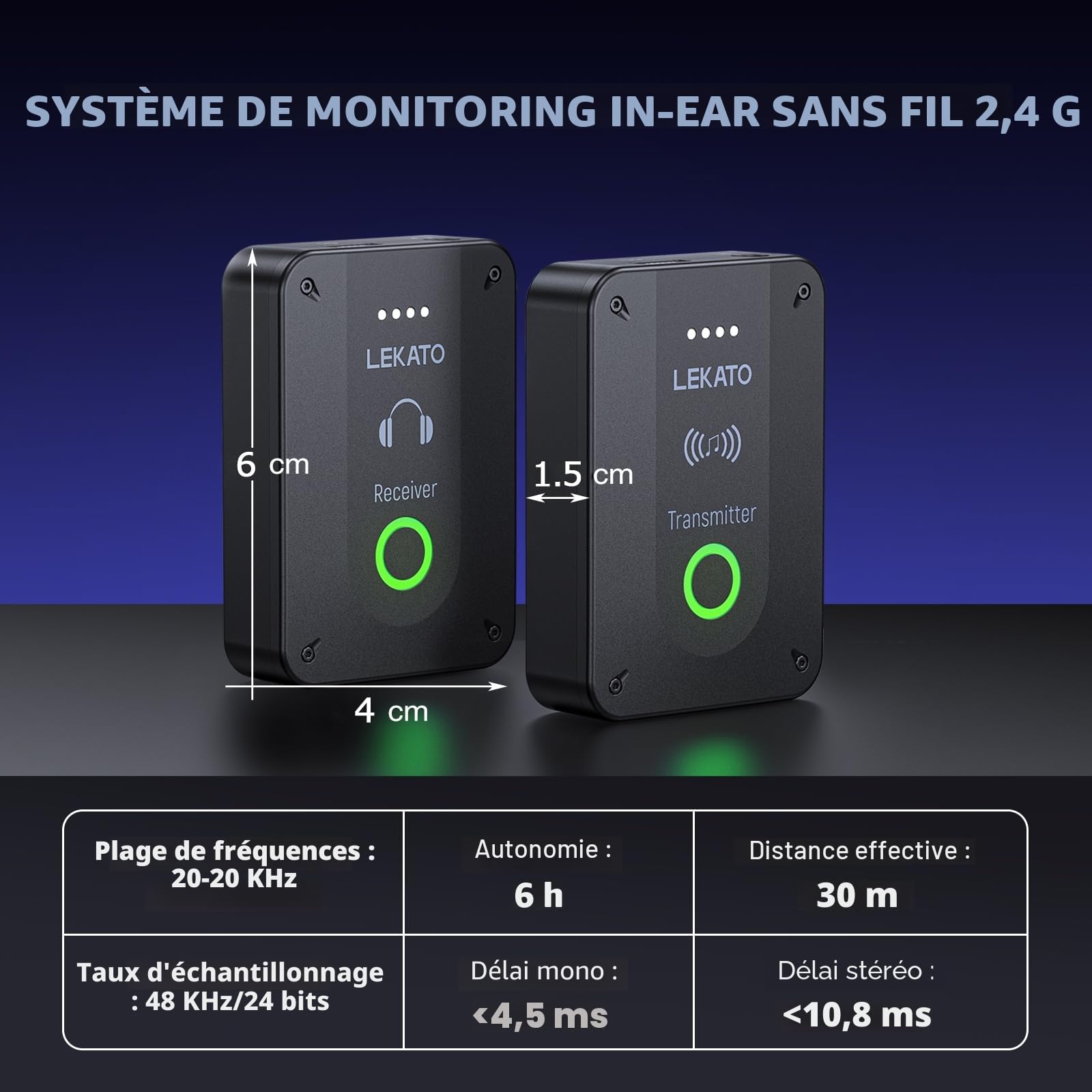 LEKATO MS-02 Système de Moniteur Intra-auriculaire sans Fil, 2,4 G Système de Retours in-Ear IEM sans Fil Professionnel avec Émetteur et Récepteur Fonctionnant en Mode Mono et Stéréo