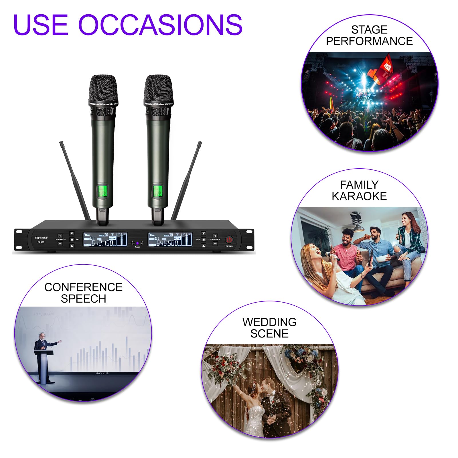 Depusheng DR666 Microfono wireless professionale Karaoke Doppio microfono senza fili palmare, scocca in metallo, ricezione a lunga distanza 100 metri, dedicato per il palcoscenico del bar