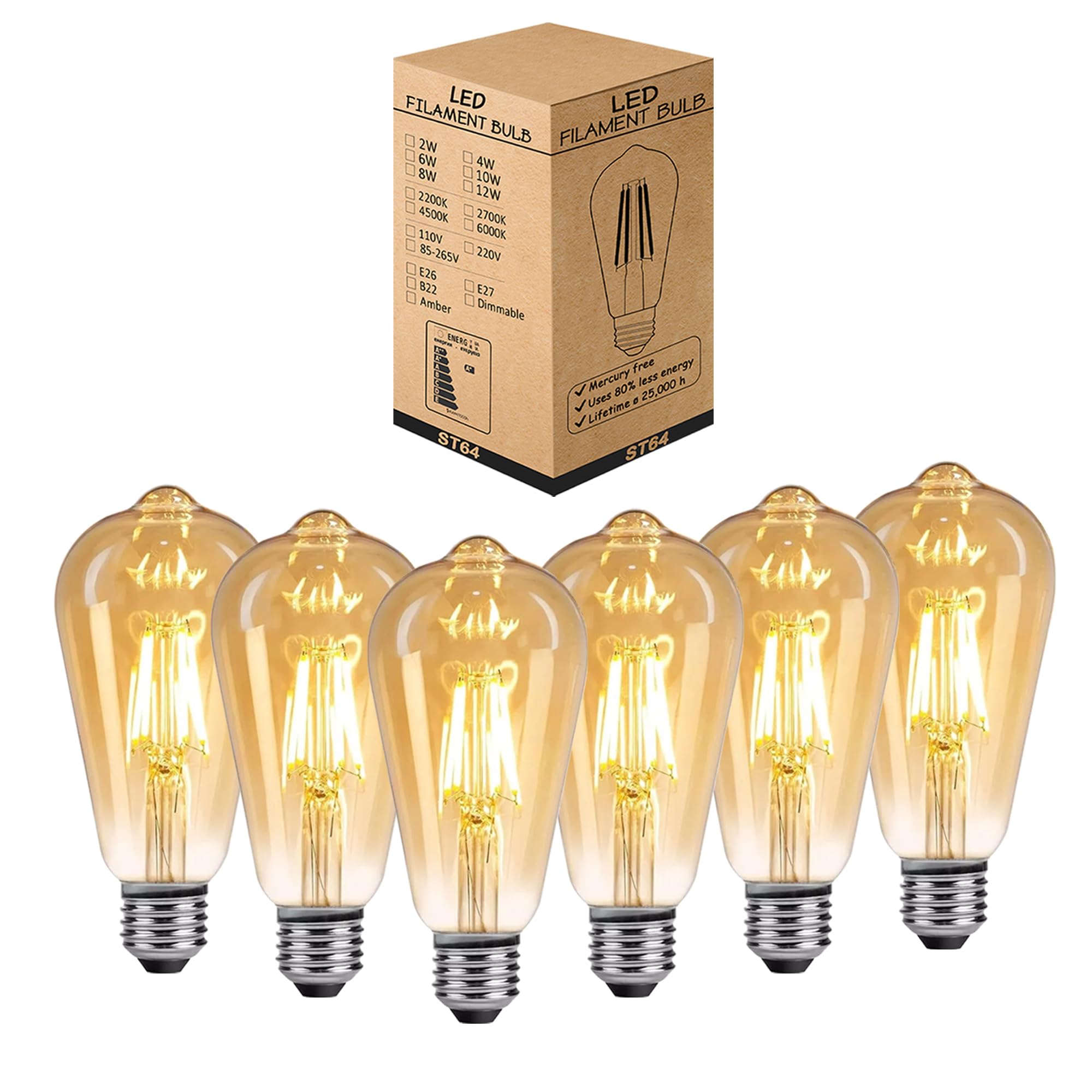 Ledsone 4Watt - E27 - 6 Pack Led Edison Bulb, Vintage Light Bulb,4W B22 2700K St64 Led Bulbs, Led Filament Bulbs, Antique Style Retro Amber Glass Warm White B22 Bc Bayonet 220V (4Watt - E27-6 Pack)