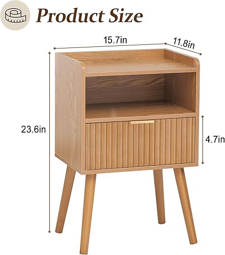 Miniatura 6 de AWASEN Mesita de noche acanalada, mesita de noche moderna de mediados de siglo con cajones de almacenamiento, mesita de noche de madera maciza para