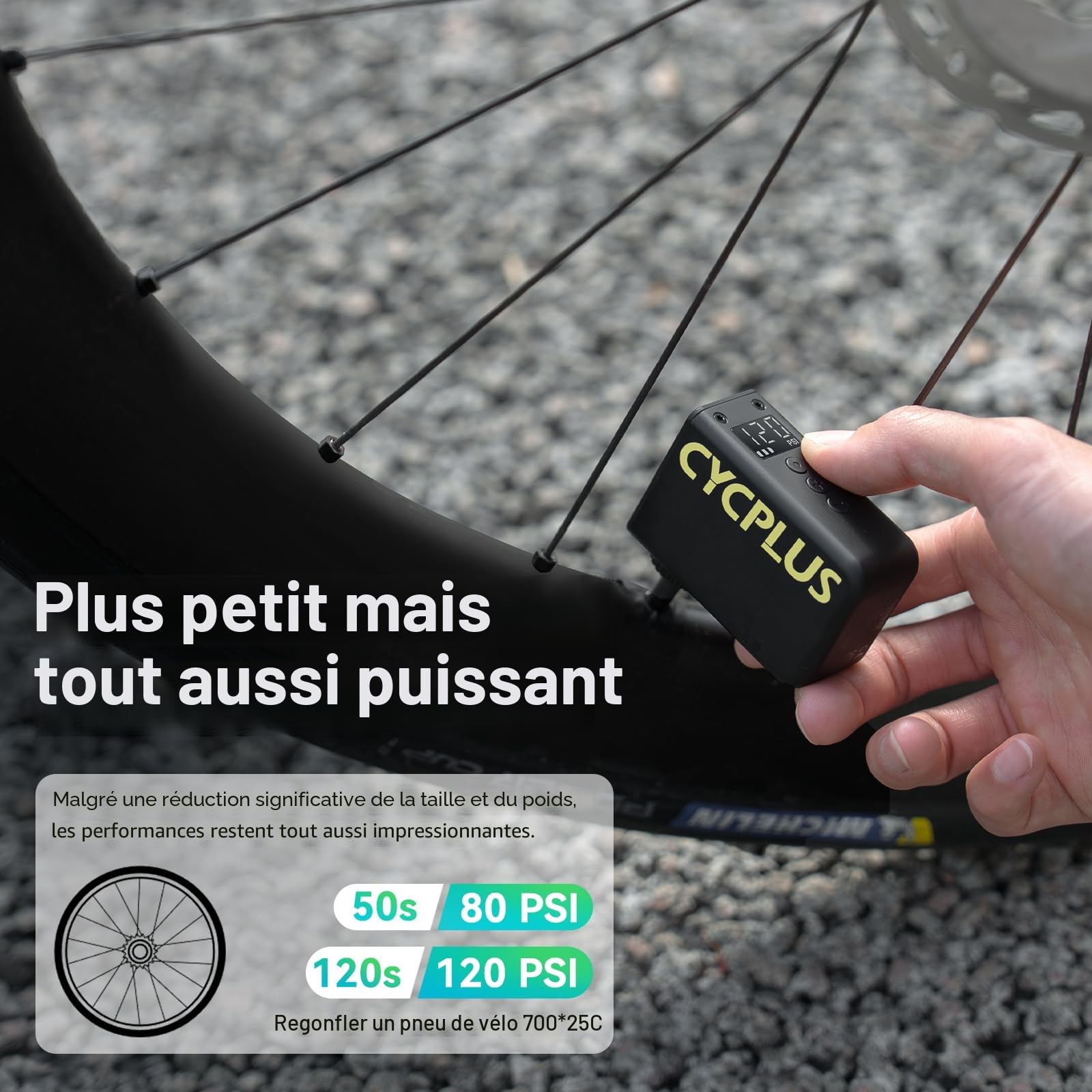 CYCPLUS AS2 Ultra Pompe à Vélo Électrique Compacte 120 PSI Manomètre Arrêt Automatique Valves Presta Schrader