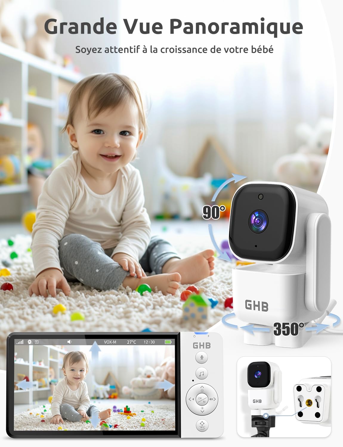 GHB Babyphone Caméra 5" Caméra Bébe Surveillance Rotation 350° 5000 mAh 720P HD Mode VOX Vision Nocturne Capteur de Température 8 Berceuses