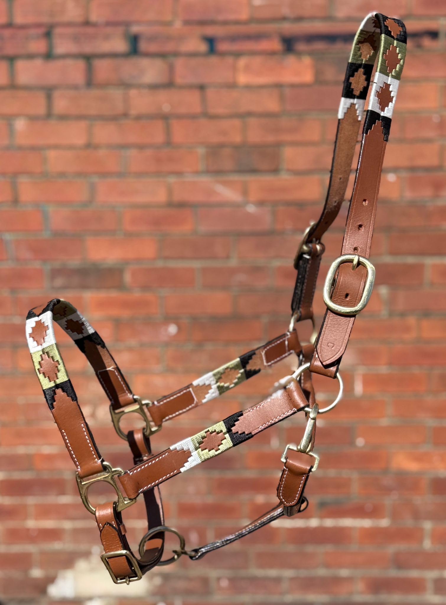 Argentina Polo Leather Horse Headcollar Halter, Embroidered Design, Brass Fittings, Newmarket Tan (Cob)