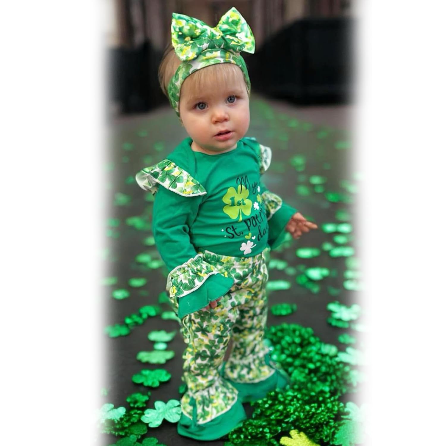 HINTINA 0-3 Months Baby Girl St. Patrick's Day Outfits Infant First 1st Saint Paddy's Day Bell Bottom Flare Pants Shamrock Clothes Clothing Set