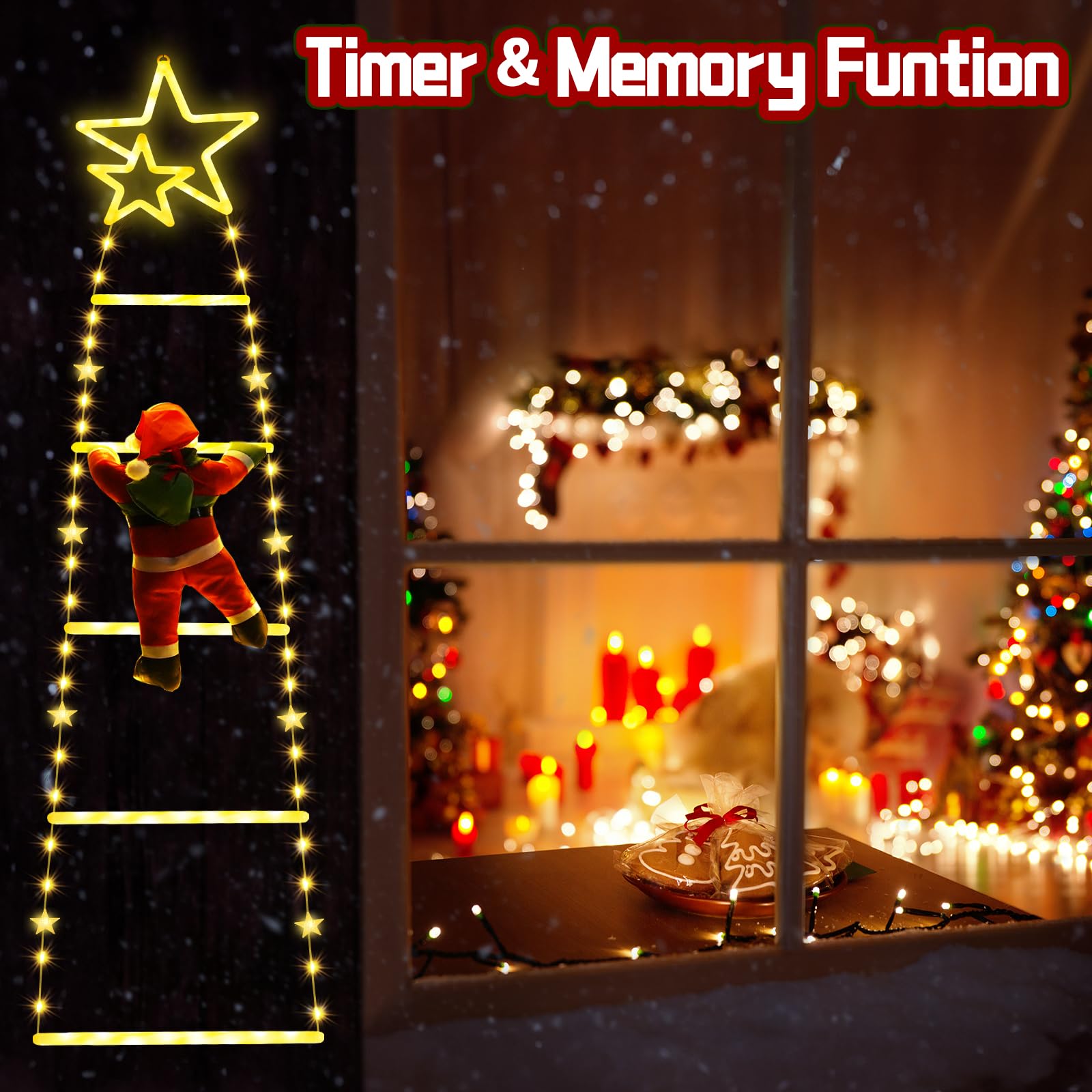 Possily 1.0M Luci per Scale Decorative Natalizie a LED, Luci Decorative Natalizie con Babbo Natale, 8 Modalità e Funzioni Timer, Adatte per Interni, Finestre, Alberi di Natale, Giardini, Bianco Caldo