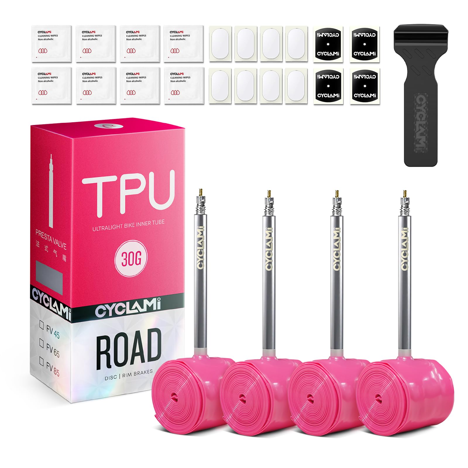 Lot de 4 chambres à air en TPU 700C, ultra légères 30 g compatibles avec valve Presta en métal 700 x 18/23/25/28/30/32C 65 mm – Pneu de vélo de route en TPU 71,1 cm (avec une barre de levier